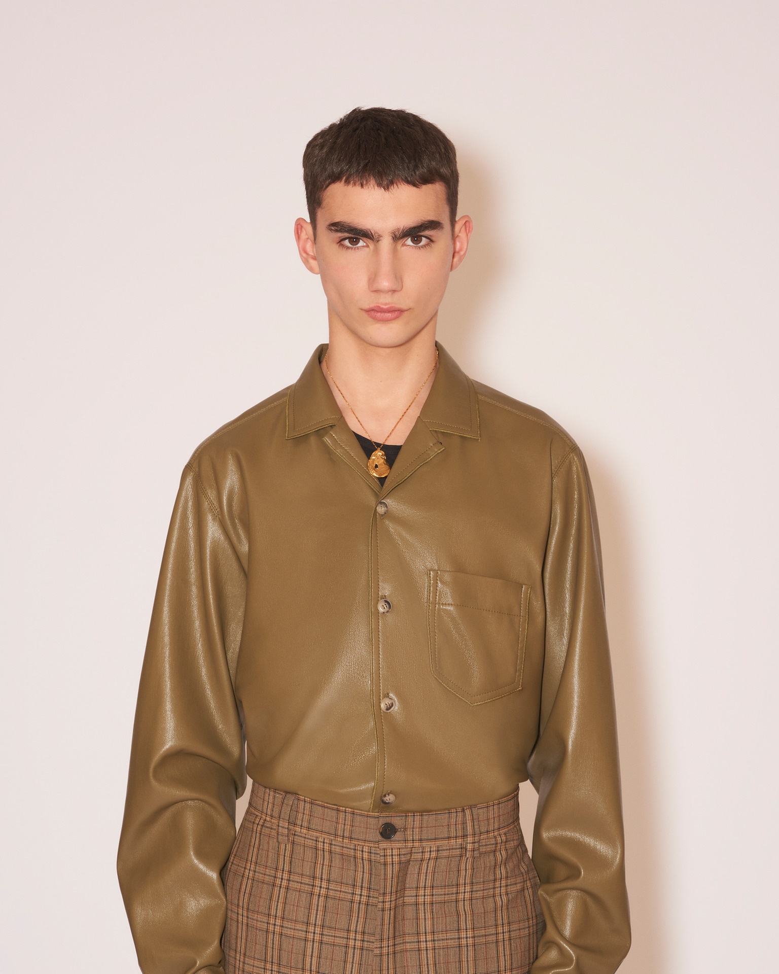 MENO - Vegan leather long-sleeve shirt - Olive - 4