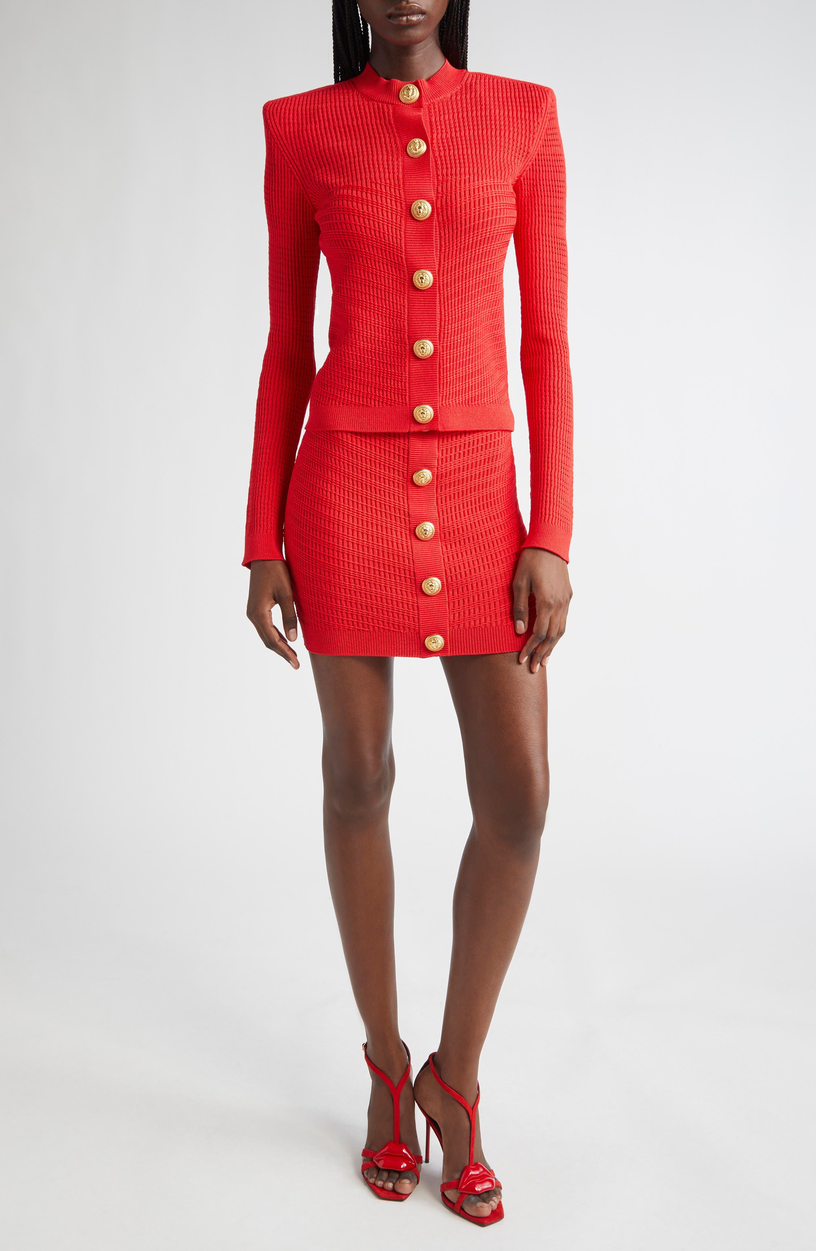 Balmain Button Detail Knit Miniskirt in Bright Red at Nordstrom - 2