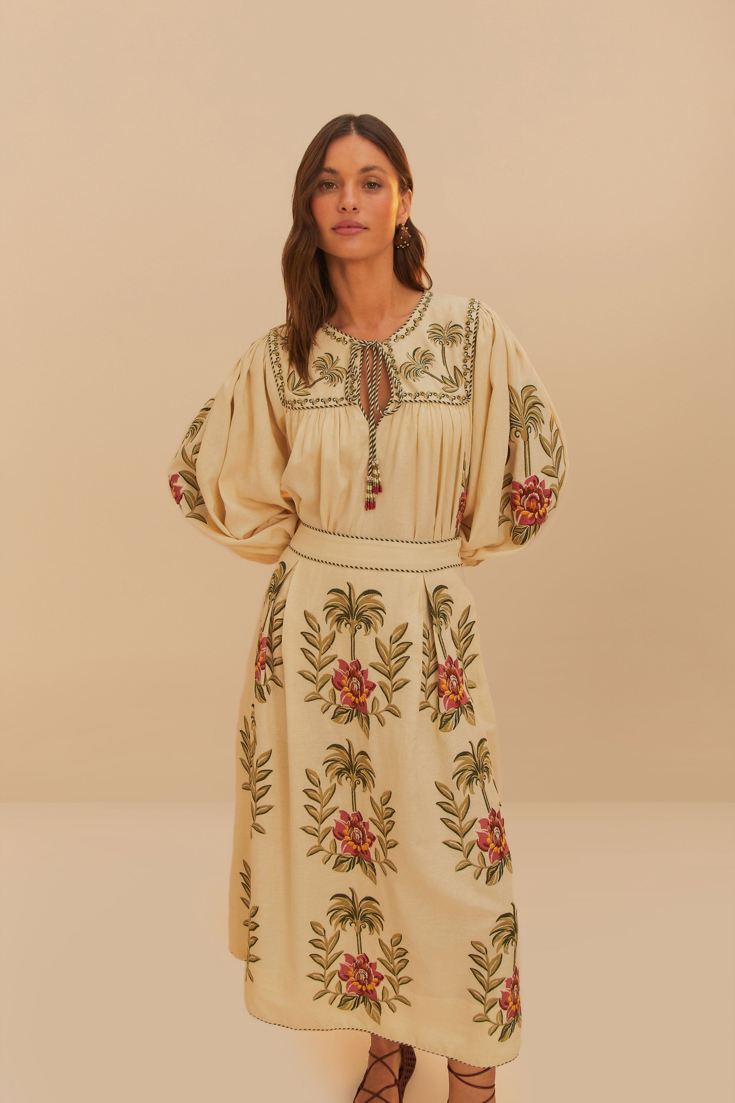 Sand Tropical Flower Embroidered Lenzing™ Ecovero™ Euroflax™ Maxi Skirt - 3
