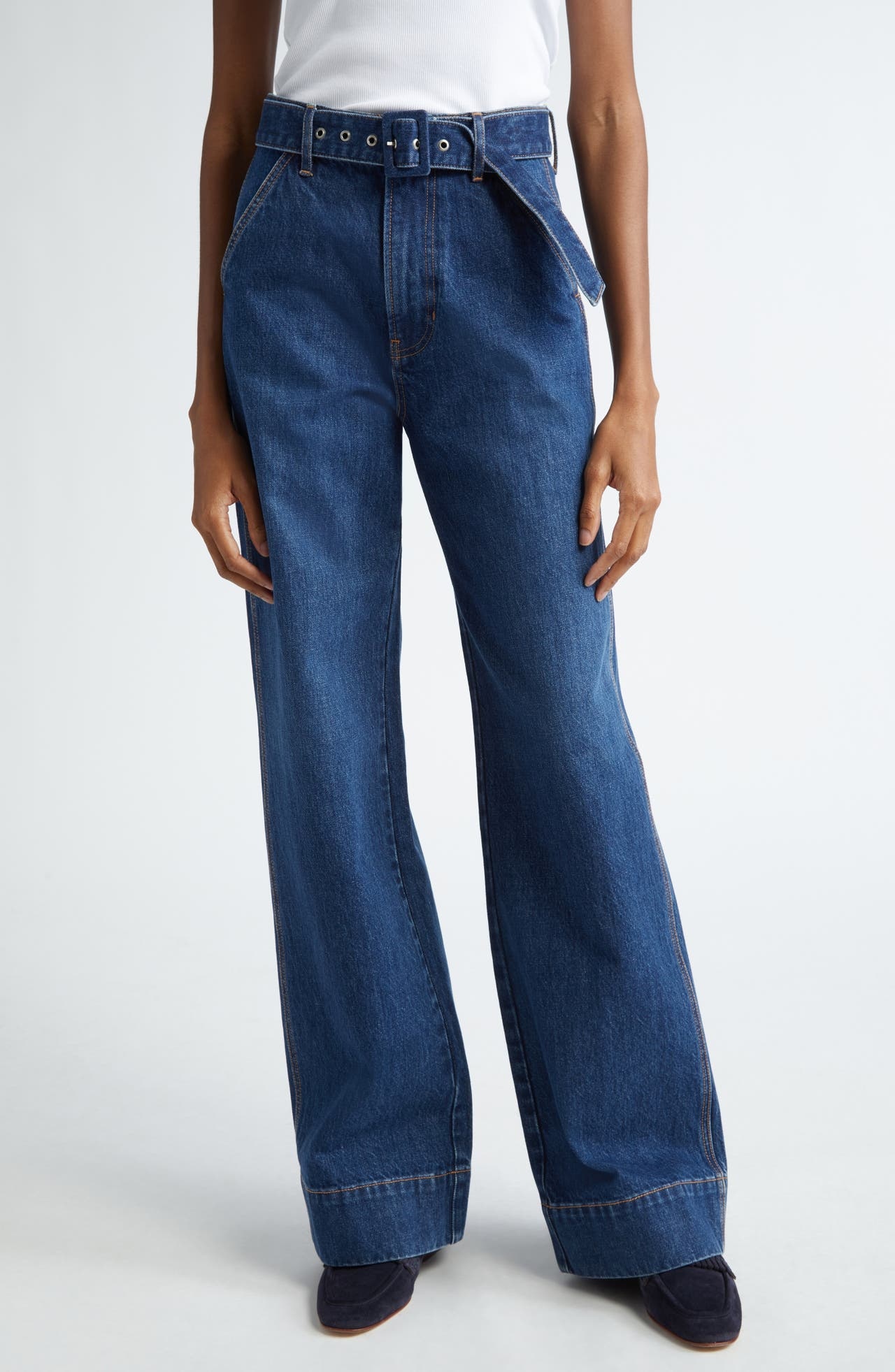 Veronica Beard Taylor Belted High Waist Wide Leg Jeans in Dusted Oxford at Nordstrom - 1