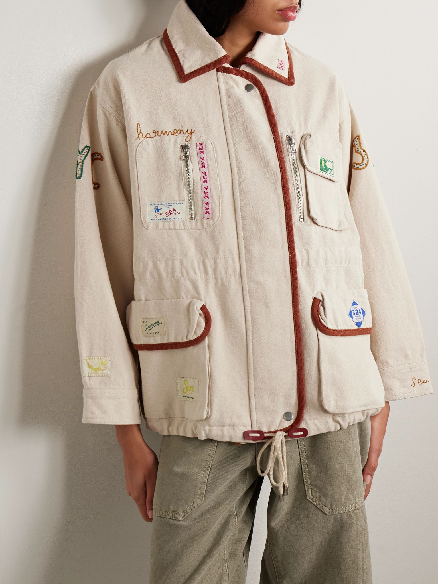 Carolyn appliquéd embroidered cotton-canvas jacket Cream - 3