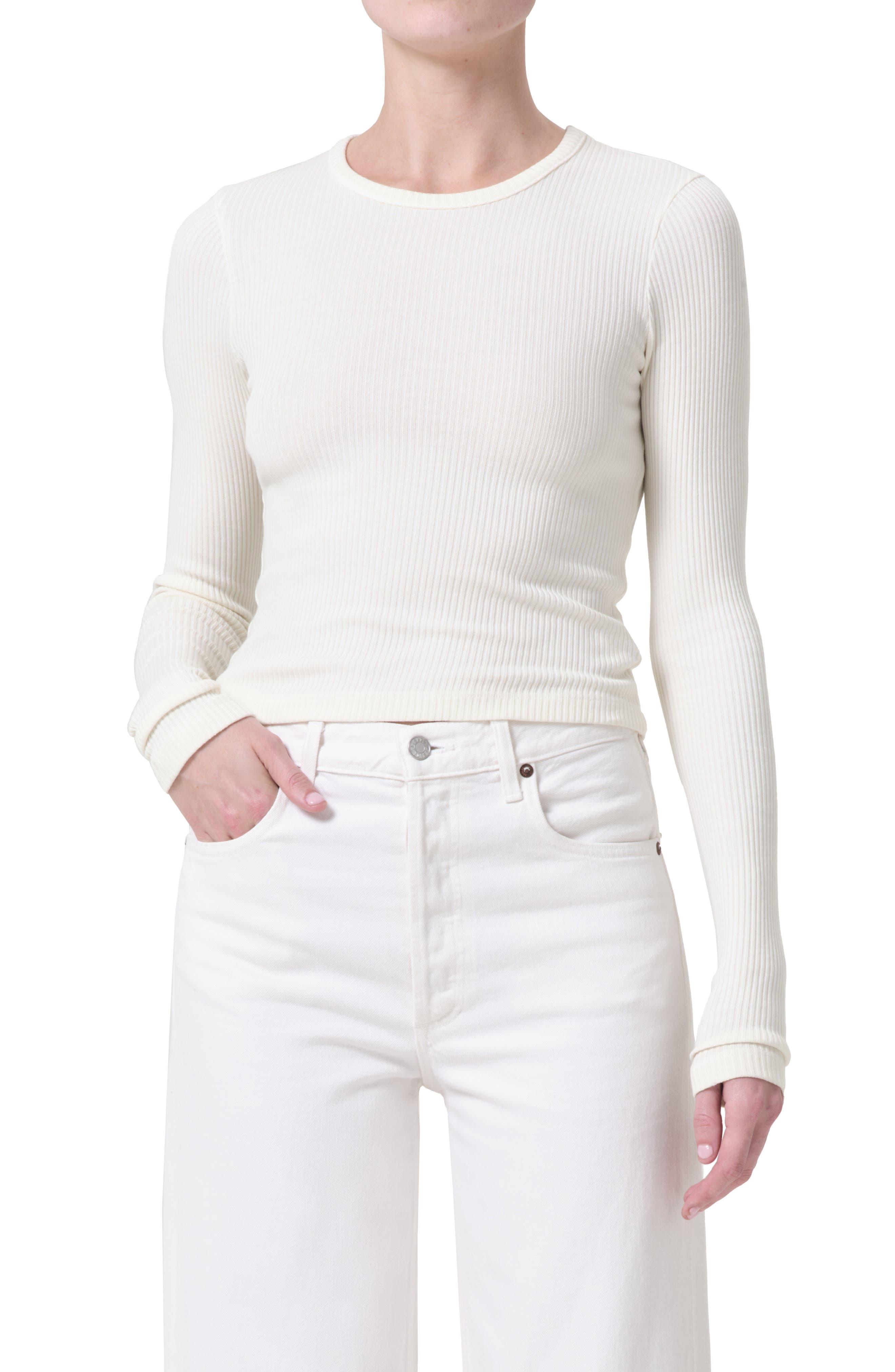 AGOLDE Alma Shrunken Long Sleeve Rib Top in Oat Milk at Nordstrom - 1