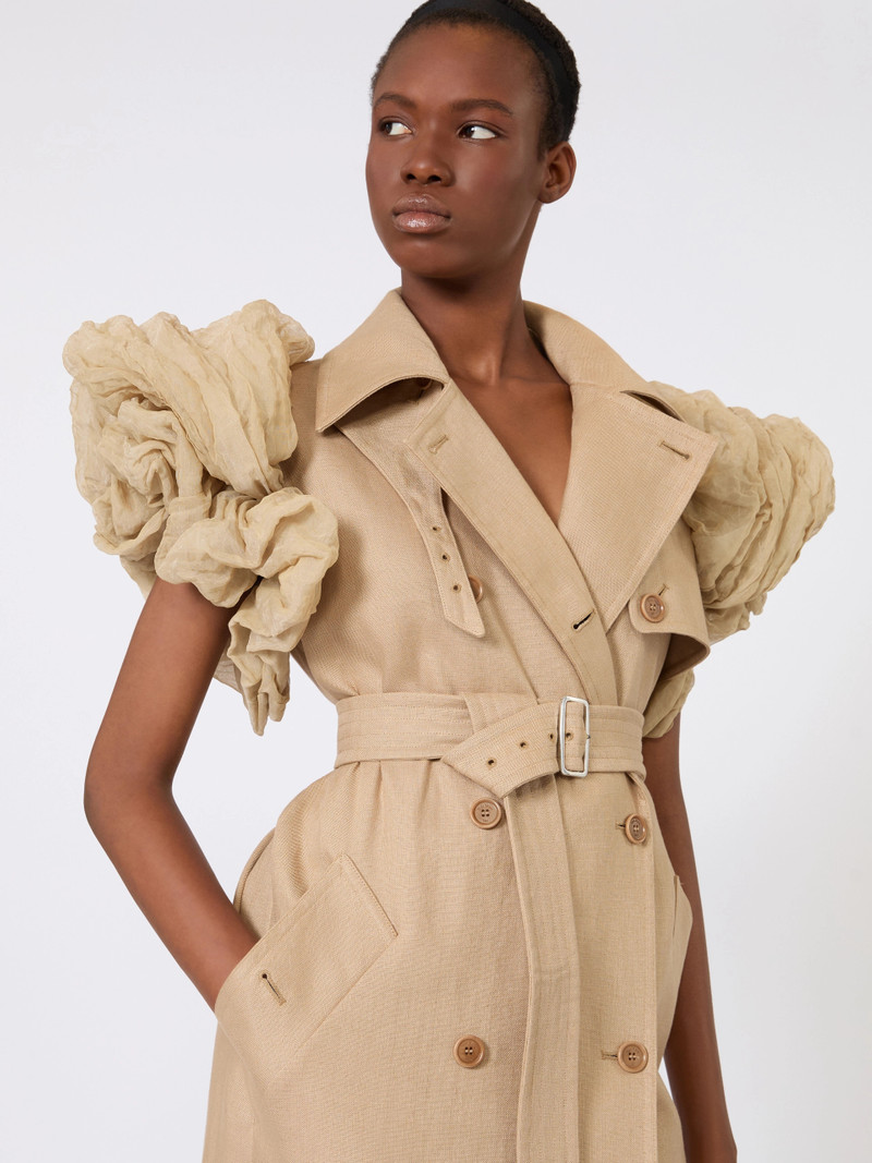 ECRU Sleeveless duster coat in linen basketweave with ruffles - CAMEL 5