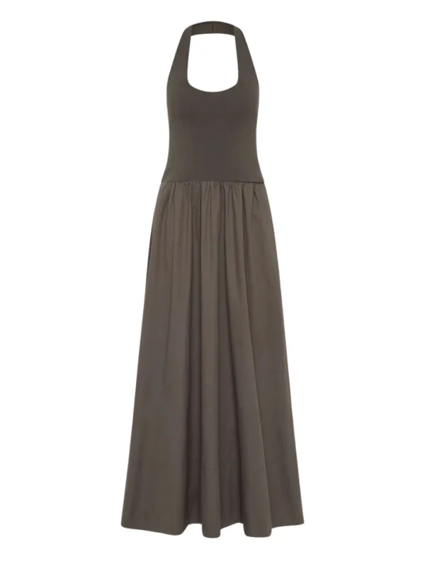 Halter Gathered Dress in Khaki - 1