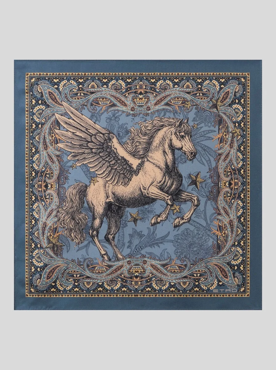 SILK POCKET SQUARE WITH PLACED PEGASO PRINT - 1