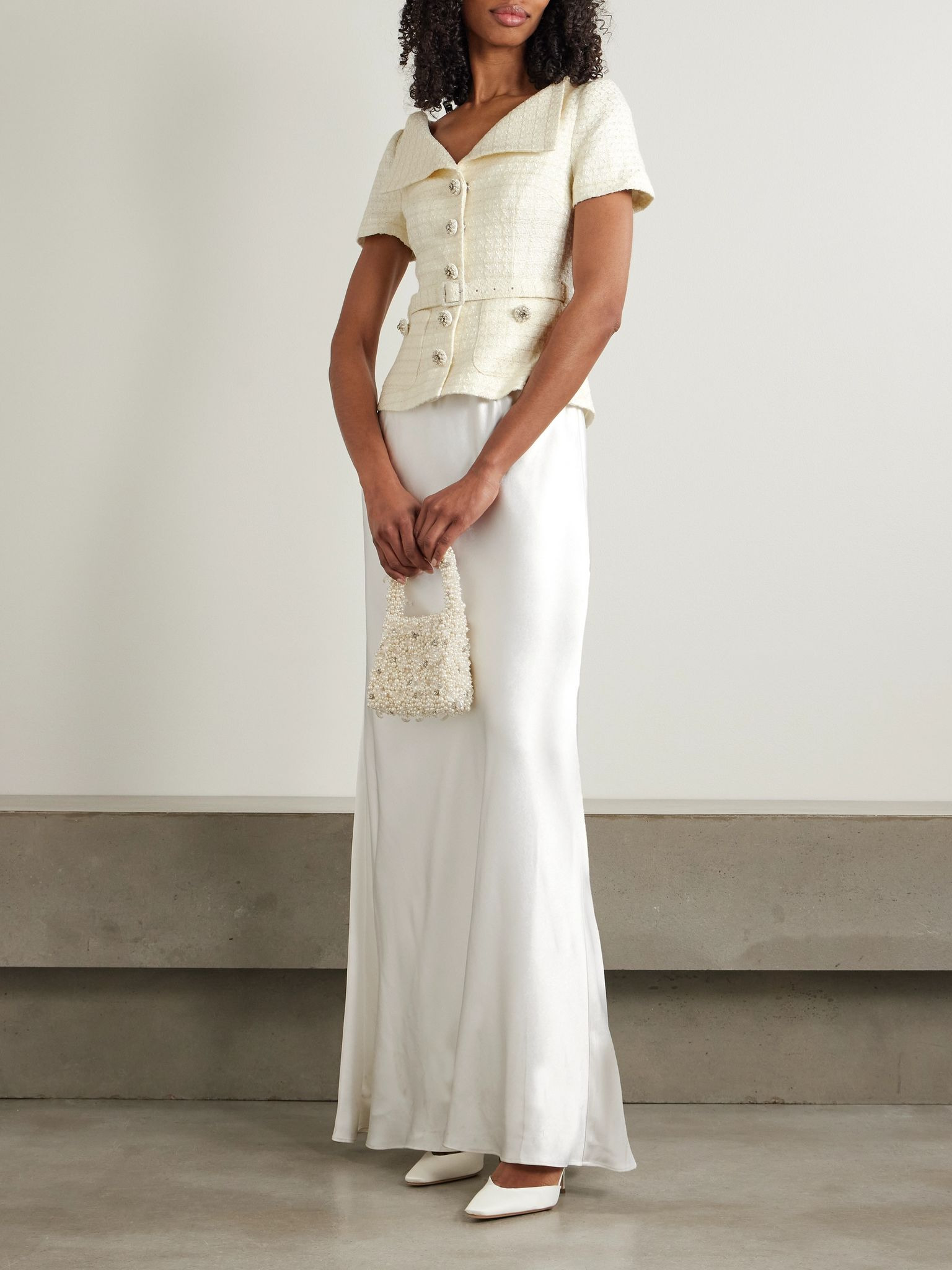 Belted embellished bouclé and satin maxi dress Cream - 2