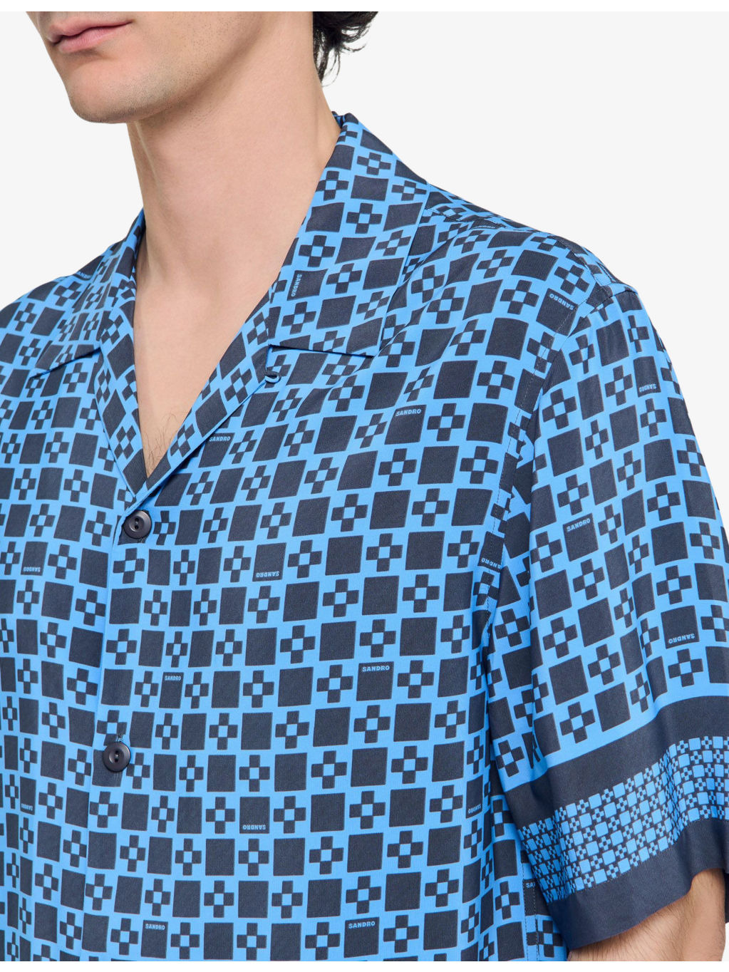 Square Cross-Print Short-Sleeve Satin Shirt - 5