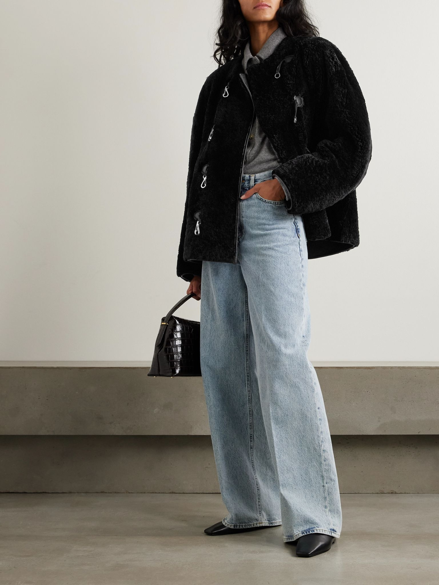 Leather-trimmed shearling jacket Black - 2