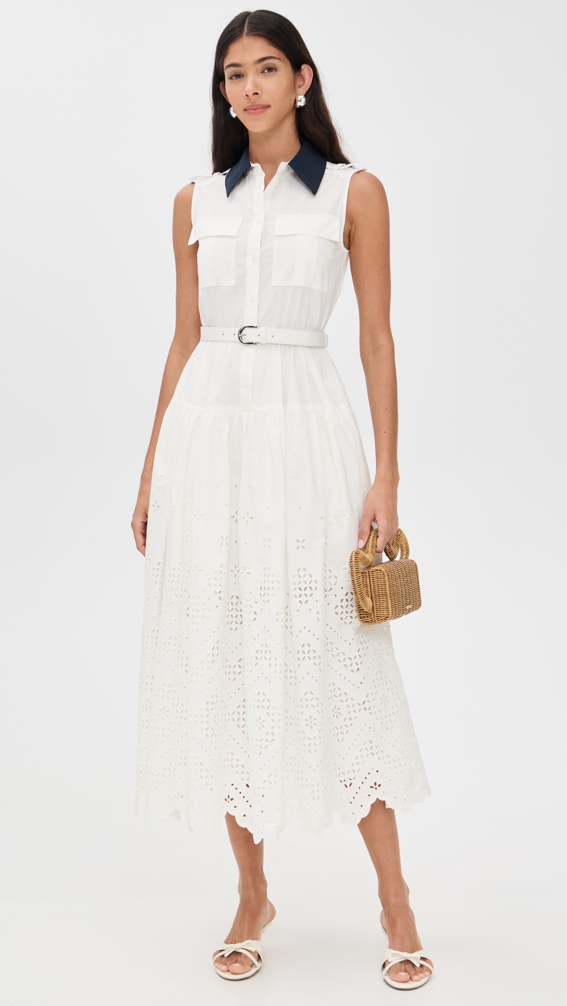 White Contrast Collar Broderie Midi Dress - 4