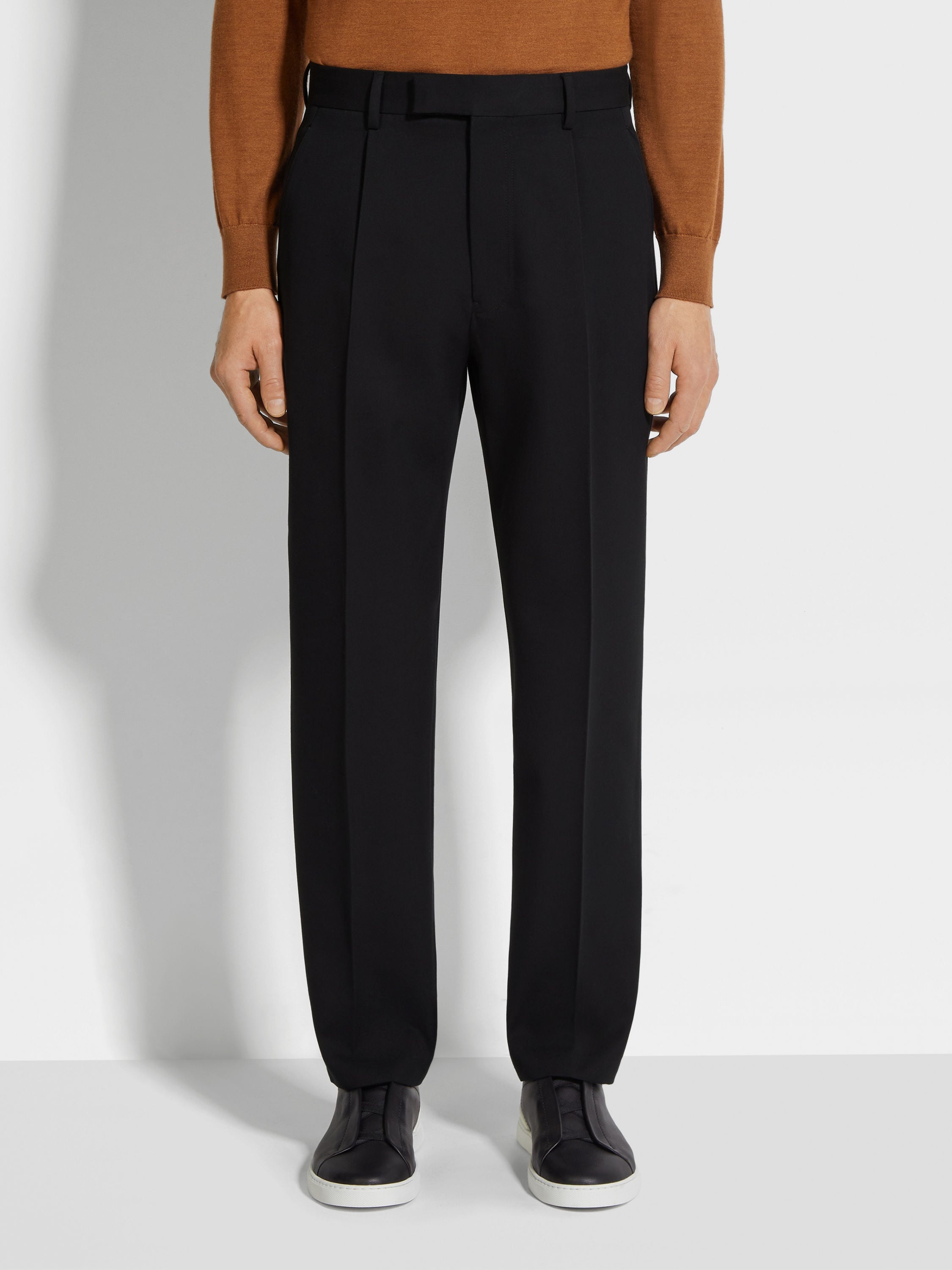 BLACK COTTON AND WOOL PANTS - 5