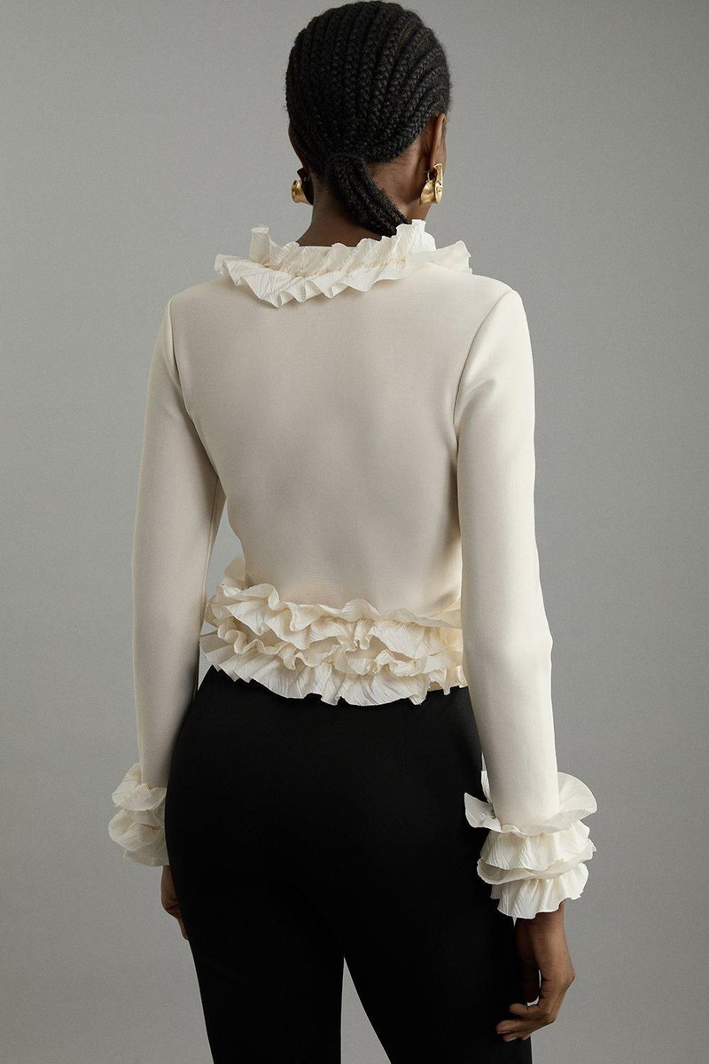 Figure Form Bandage Knit Jacket With Woven Ruffle Trim 3