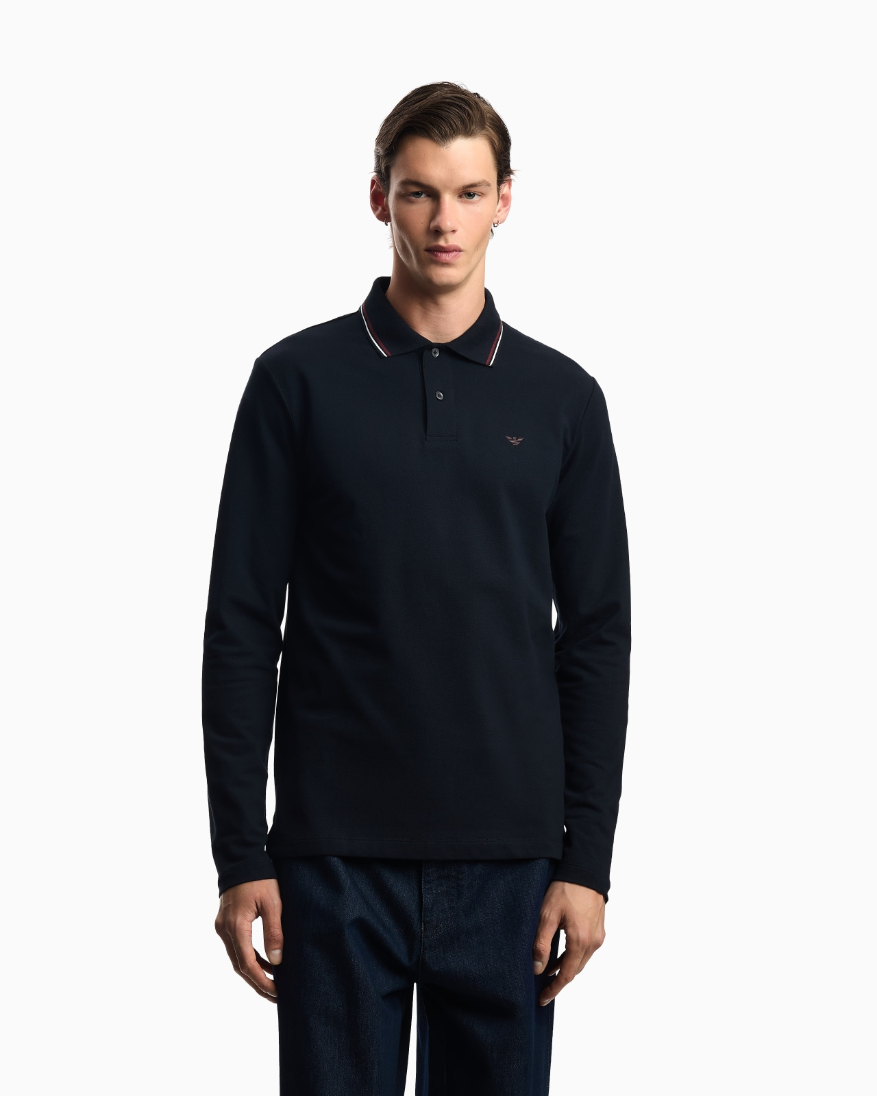 Long-sleeved stretch piqué polo shirt with micro eagle embroidery - 4