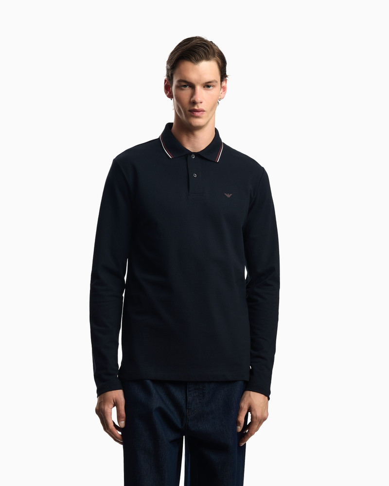 EMPORIO ARMANI Long-sleeved stretch piqué polo shirt with micro eagle embroidery outlook