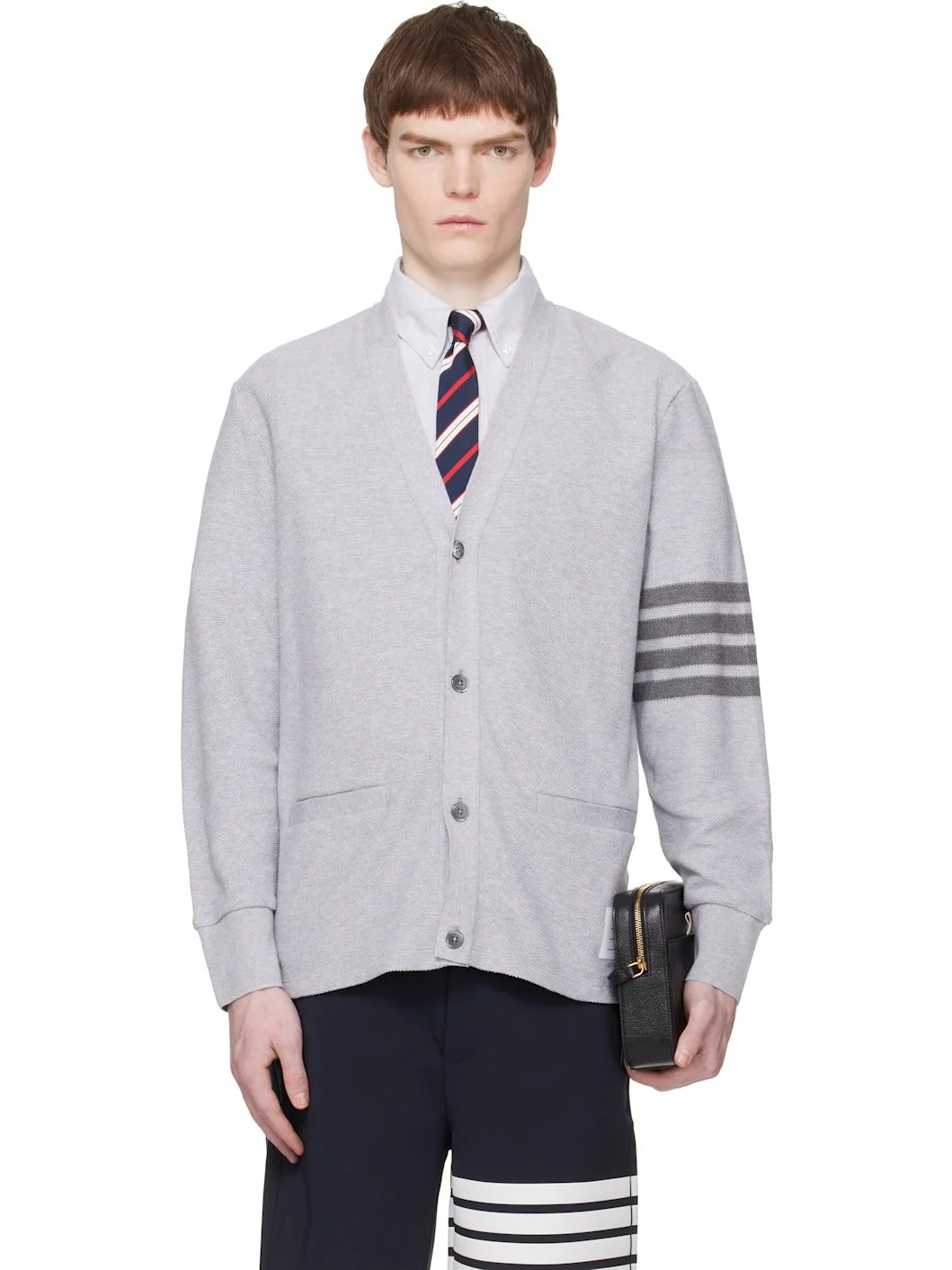 Gray Textured Pique 4-Bar Cardigan - 1