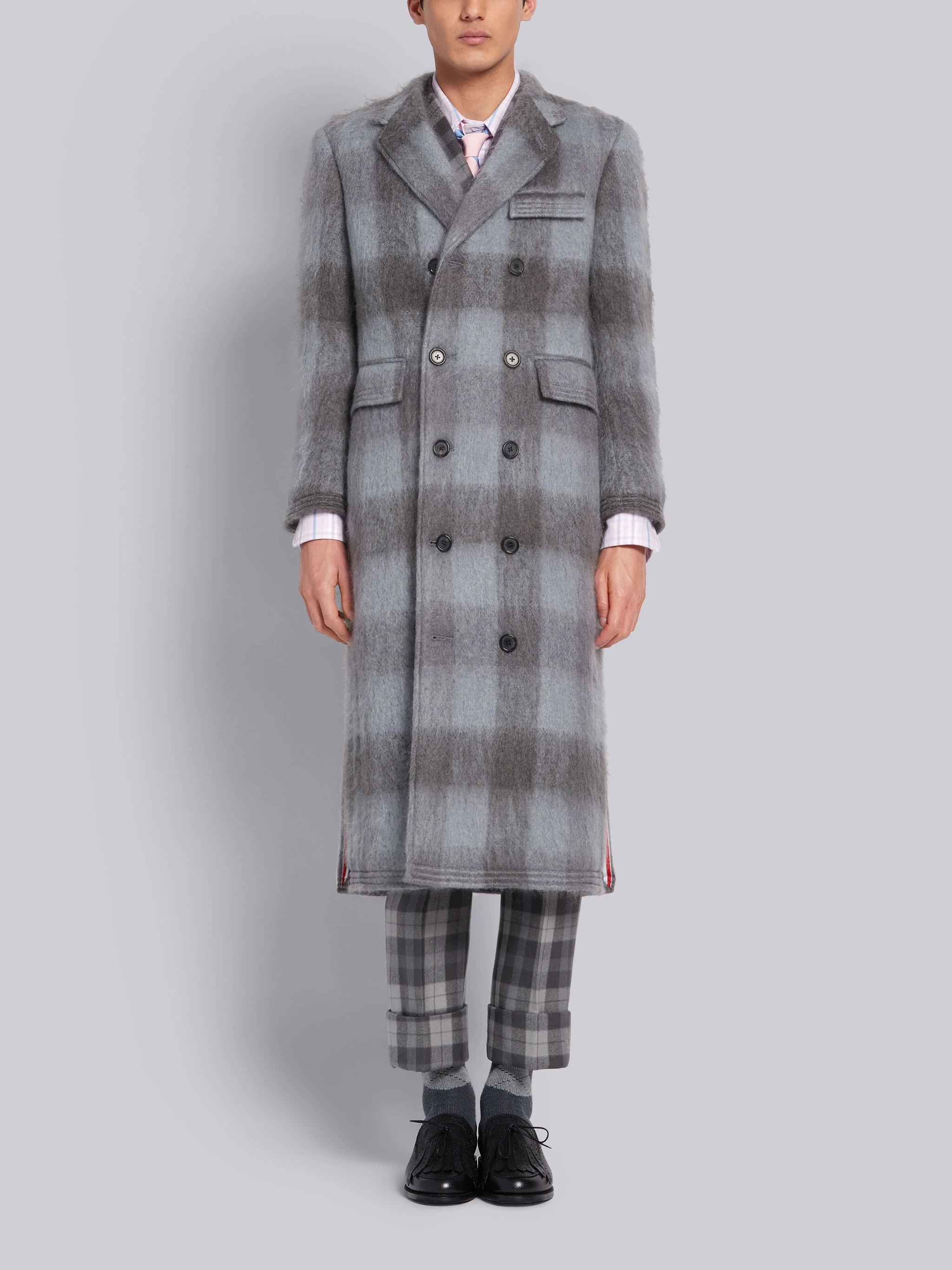 Medium Grey Mohair Buffalo Check Long Chesterfield Overcoat - 1