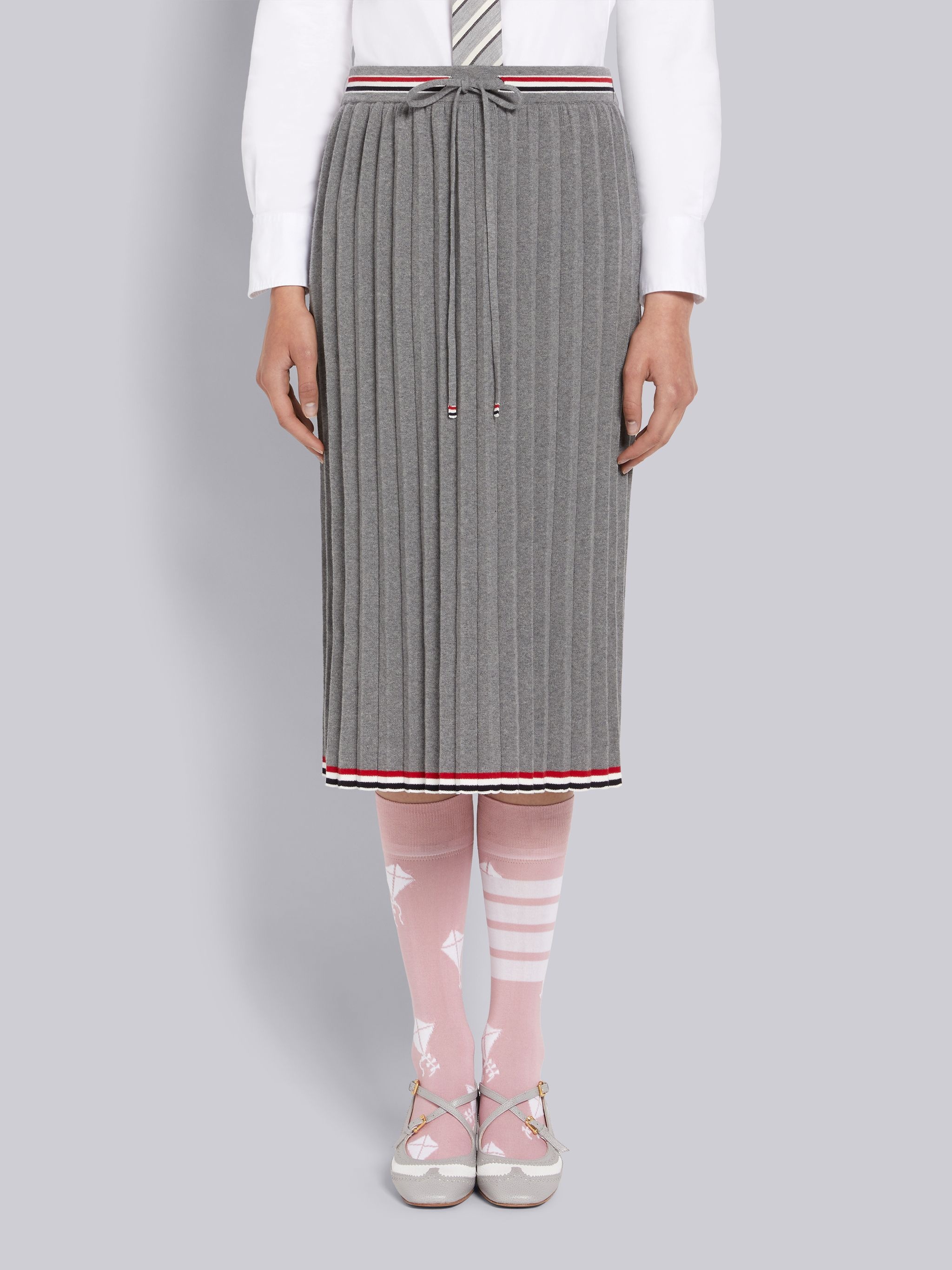 Light Grey Cable Texture Overtwisted Cotton Stripe Framing Accordion Pleat Knee Length Skirt - 1