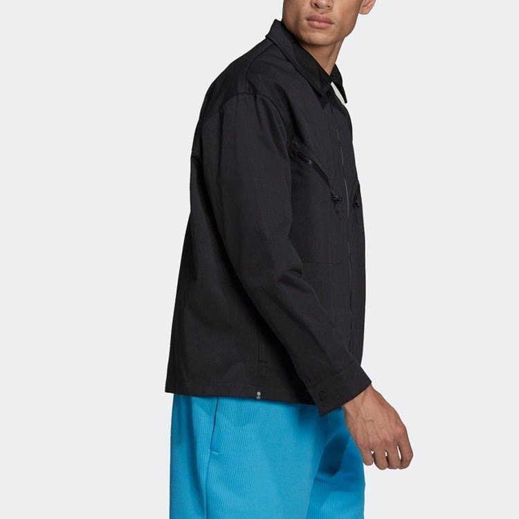 Men's adidas originals Logo Embroidered Solid Color Lapel Long Sleeves Sports Black Jacket HC4540 - 4