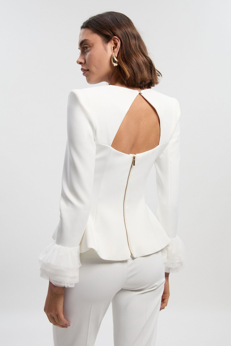 Scuba Drama Tulle Detail Cuff Woven Peplum Top 5