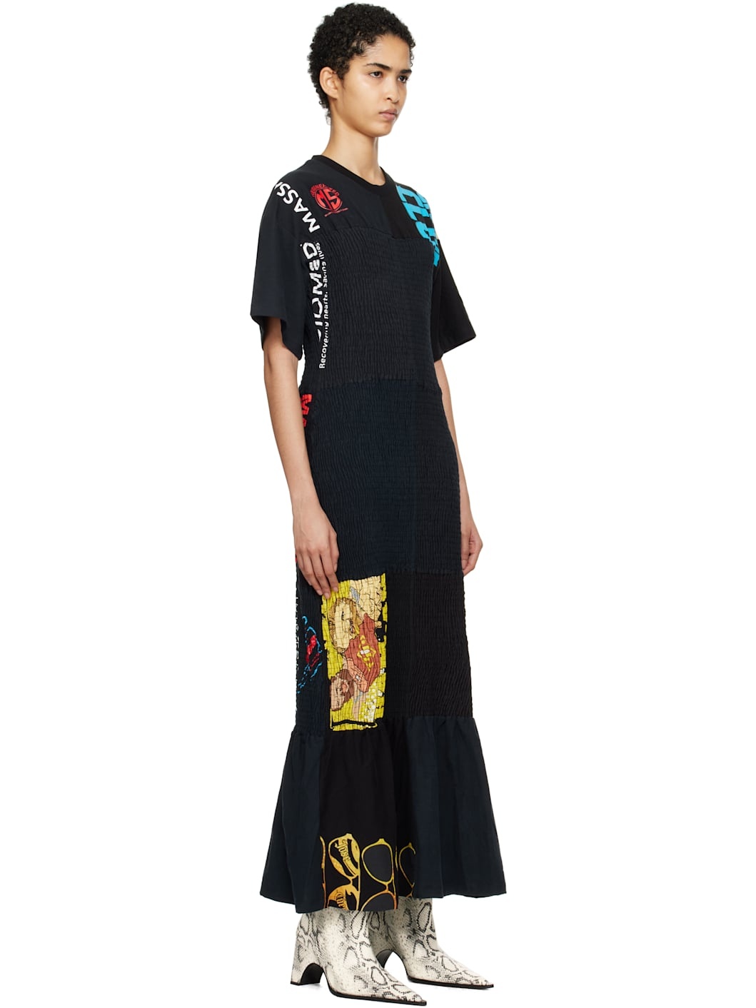 Black Upcycled Shirred Fitted Maxi Dress - 2