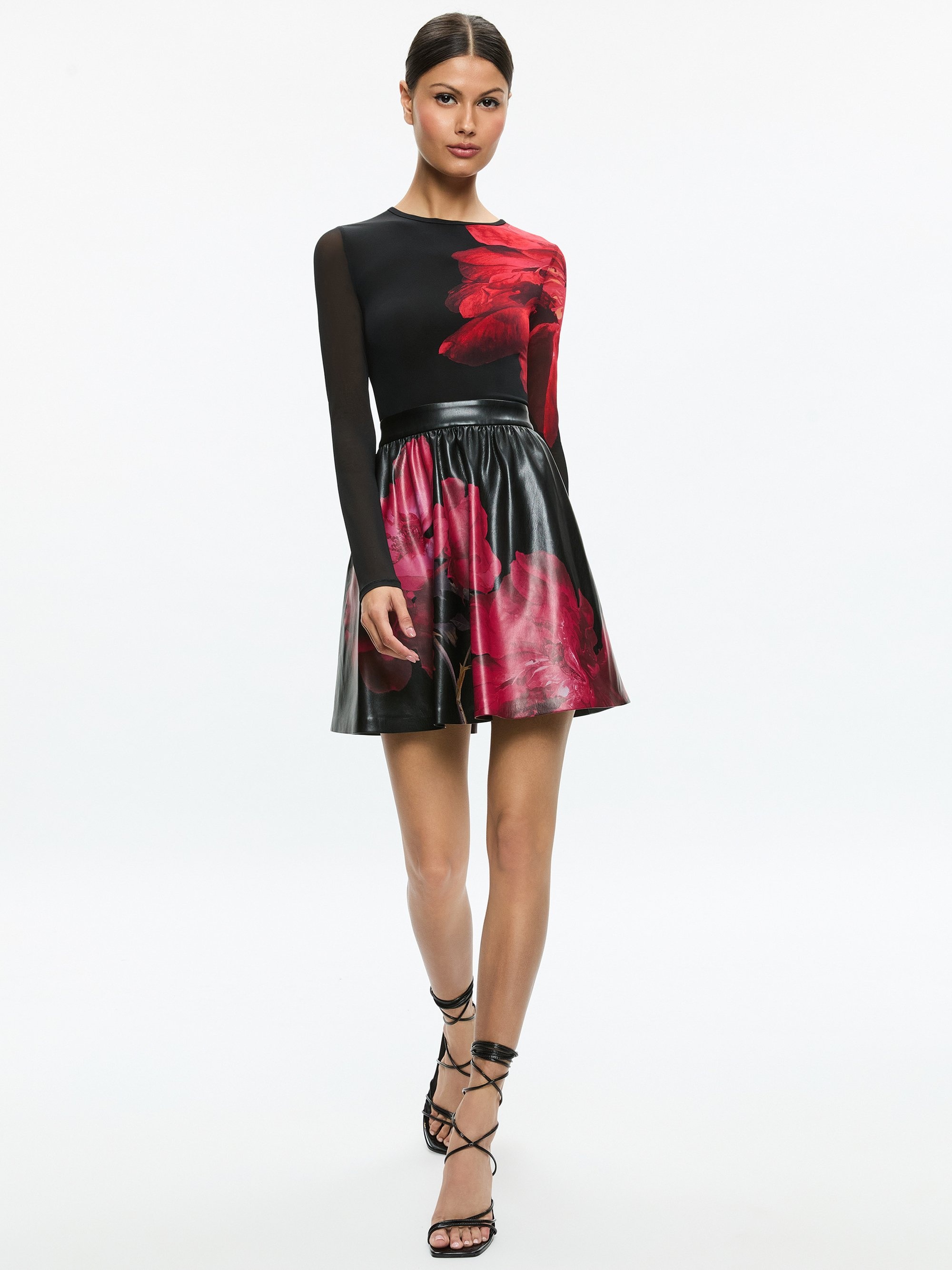 CHARA VEGAN LEATHER CREW NECK LONG SLEEVE GATHERED DRESS - 6