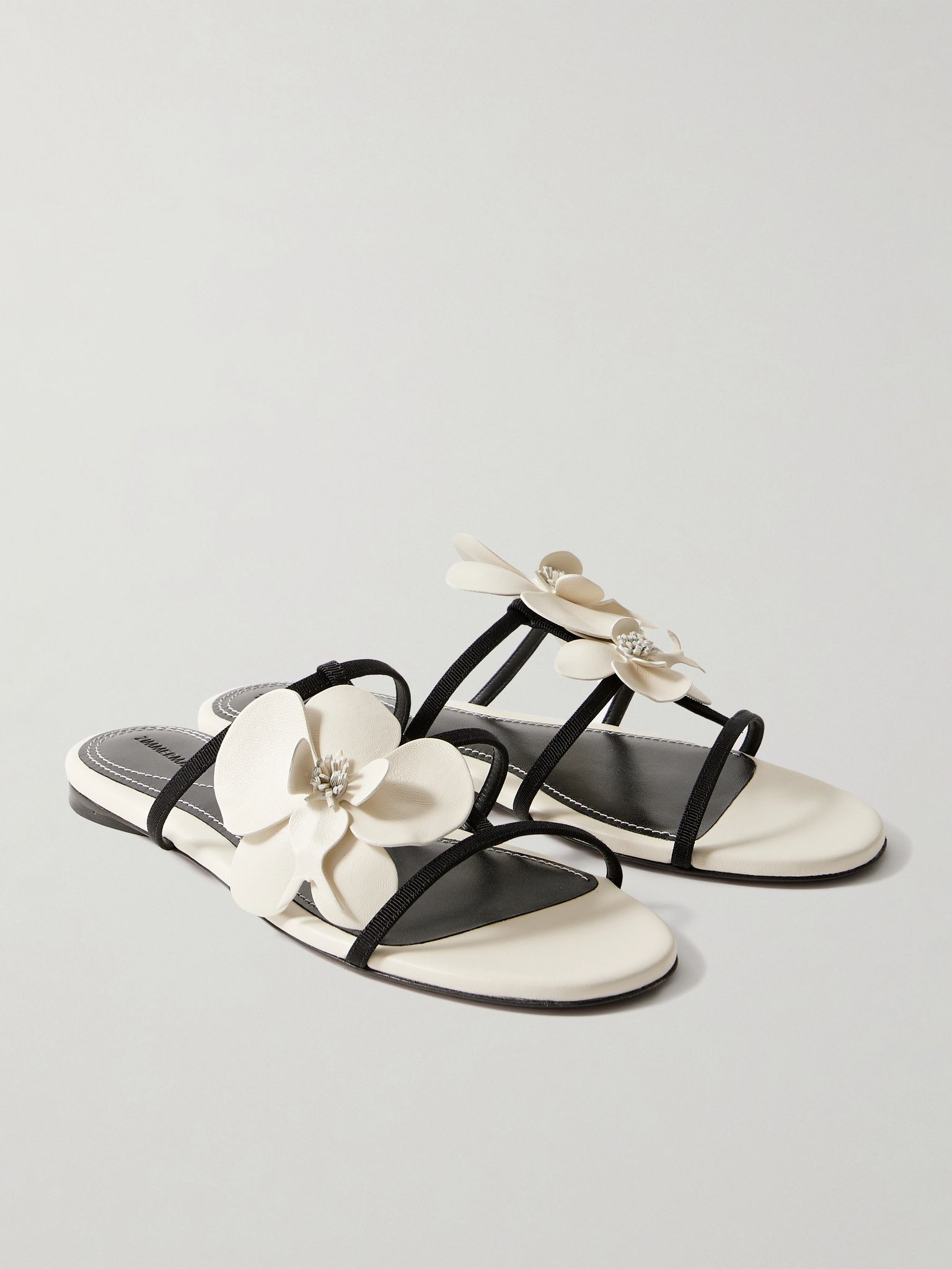 Orchid appliquéd leather and grosgrain slides White - 1