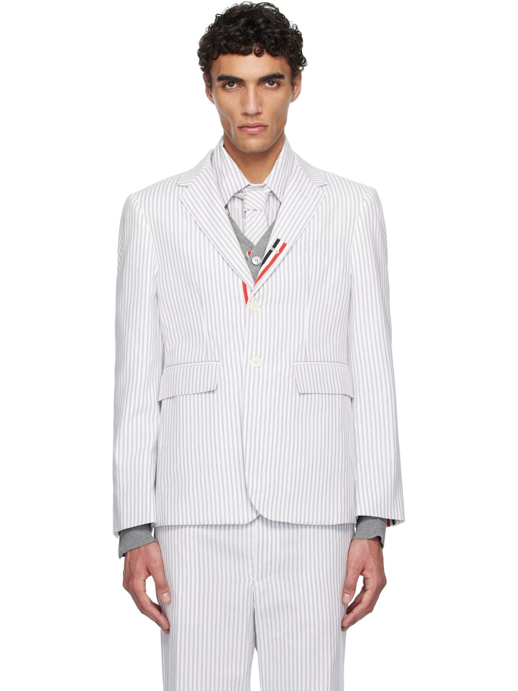White & Gray Classic Grosgrain Placket Madras Blazer - 1