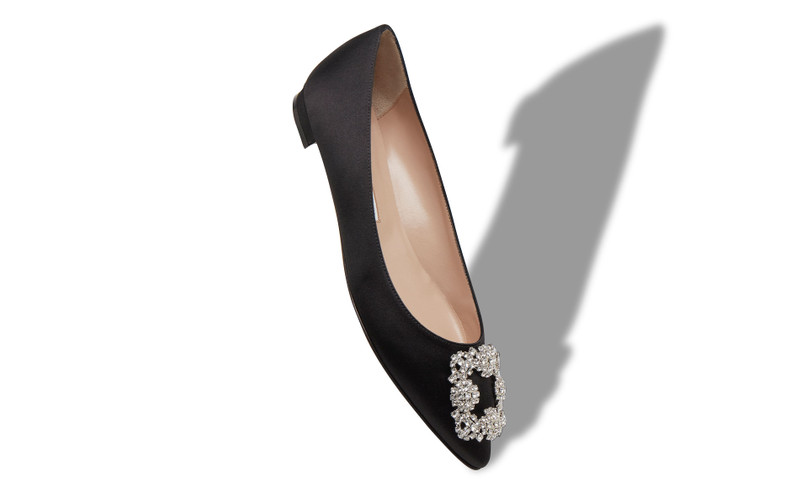 Manolo Blahnik Black Satin Jewel Buckle Flat Pumps outlook