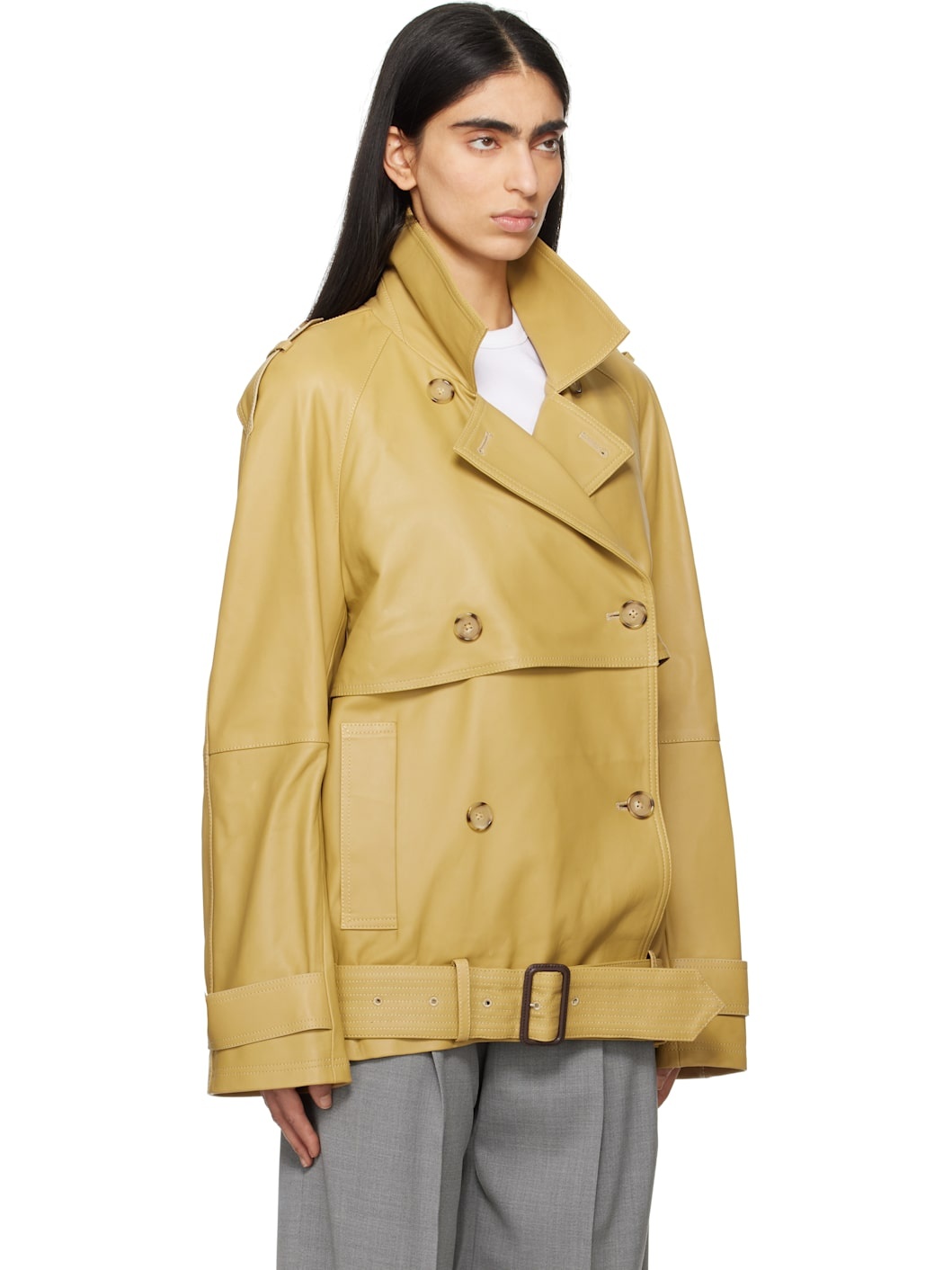 Tan Short Trench Leather Jacket - 2