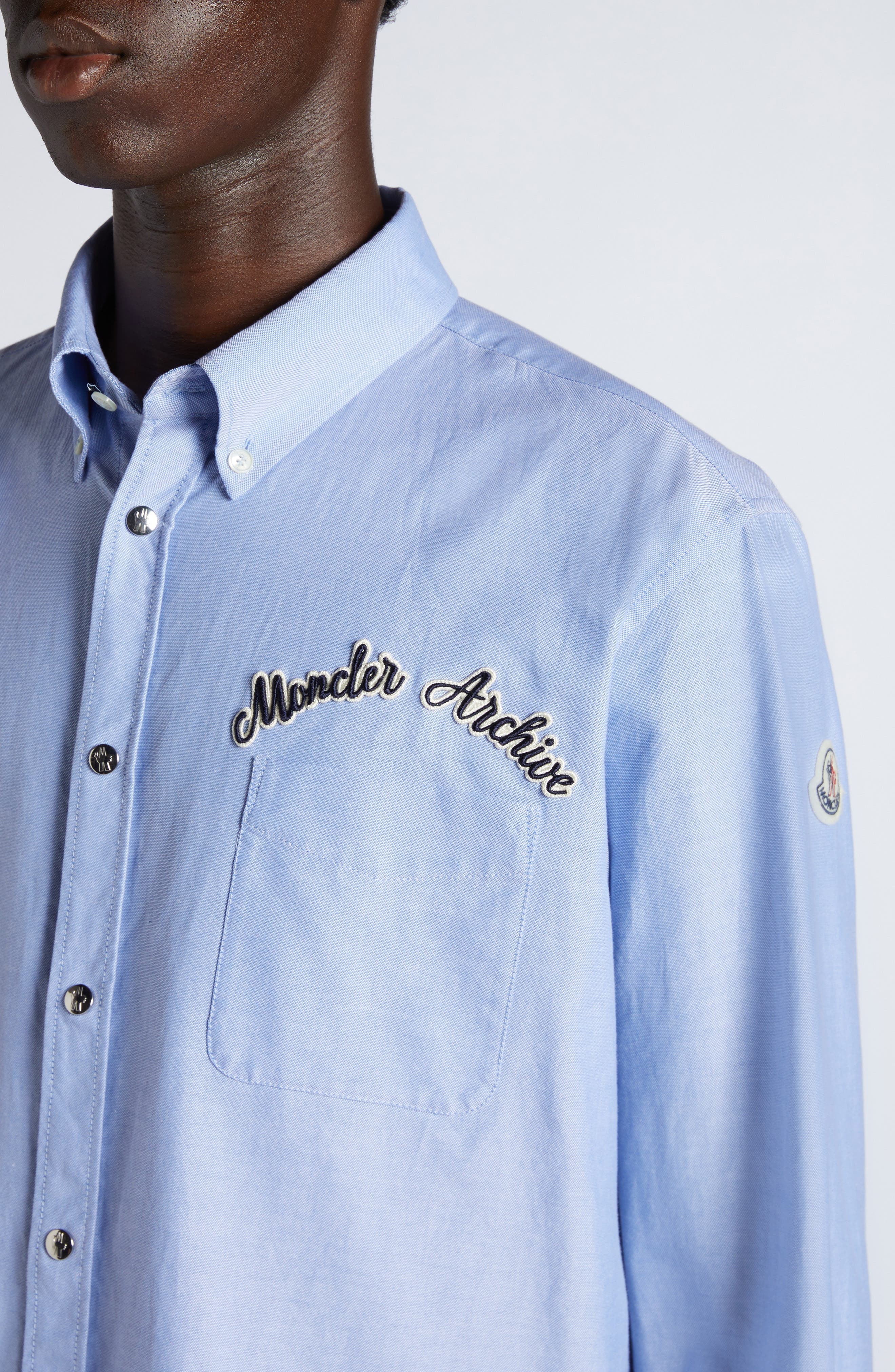 Moncler Archive Logo Patch Cotton Button-Down Shirt in Cool Blue at Nordstrom - 5