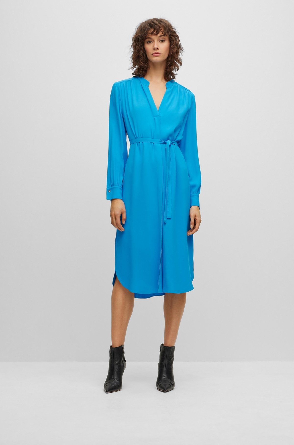BELTED DRESS WITH COLLARLESS V NECKLINE AND BUTTON CUFFS - 3