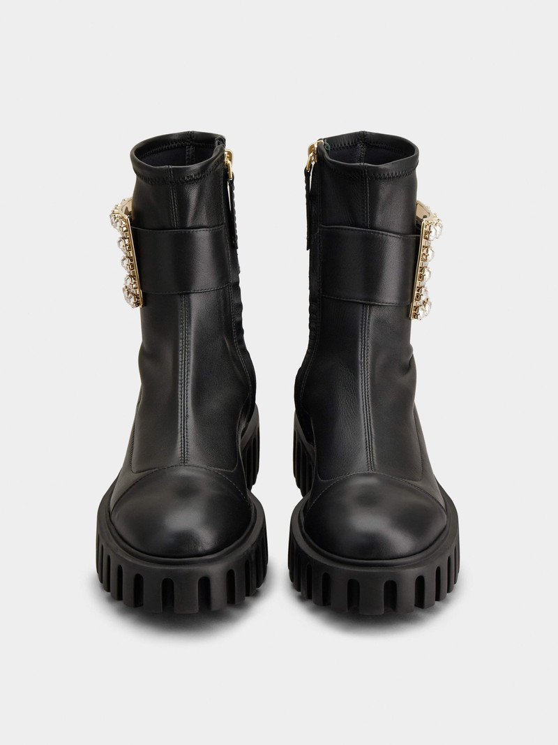 Viv' Go-Thick Rhinestone Buckle Stretch Ankle Boots in Soft Leather 7