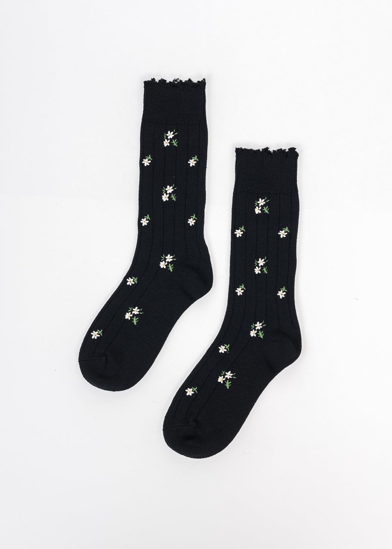 Black And White Embroidered Flora Socks - 4