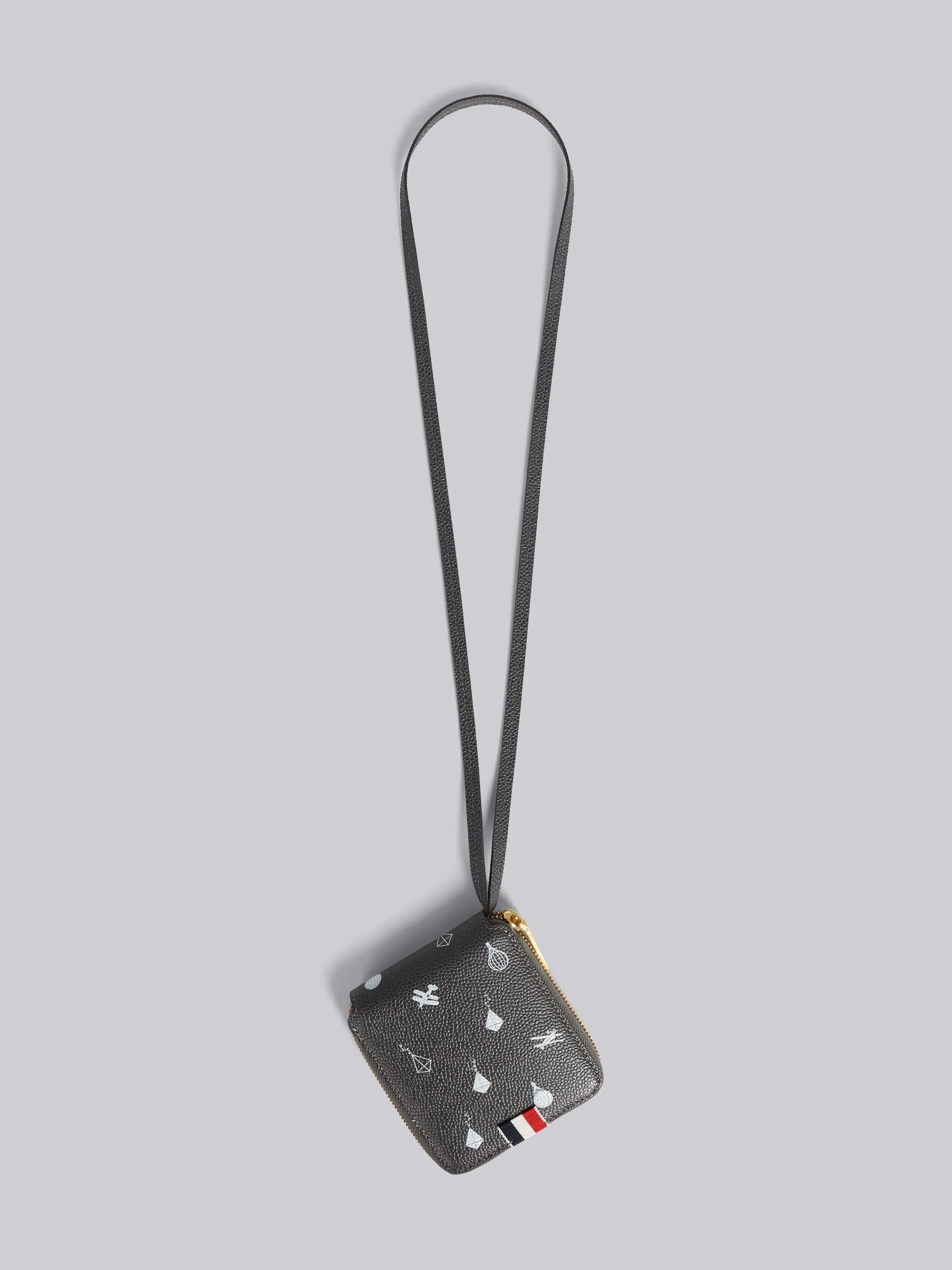 Dark Grey Pebble Grain Leather 3d Kite Half Drop Compact Zip Wallet With Strap - 1