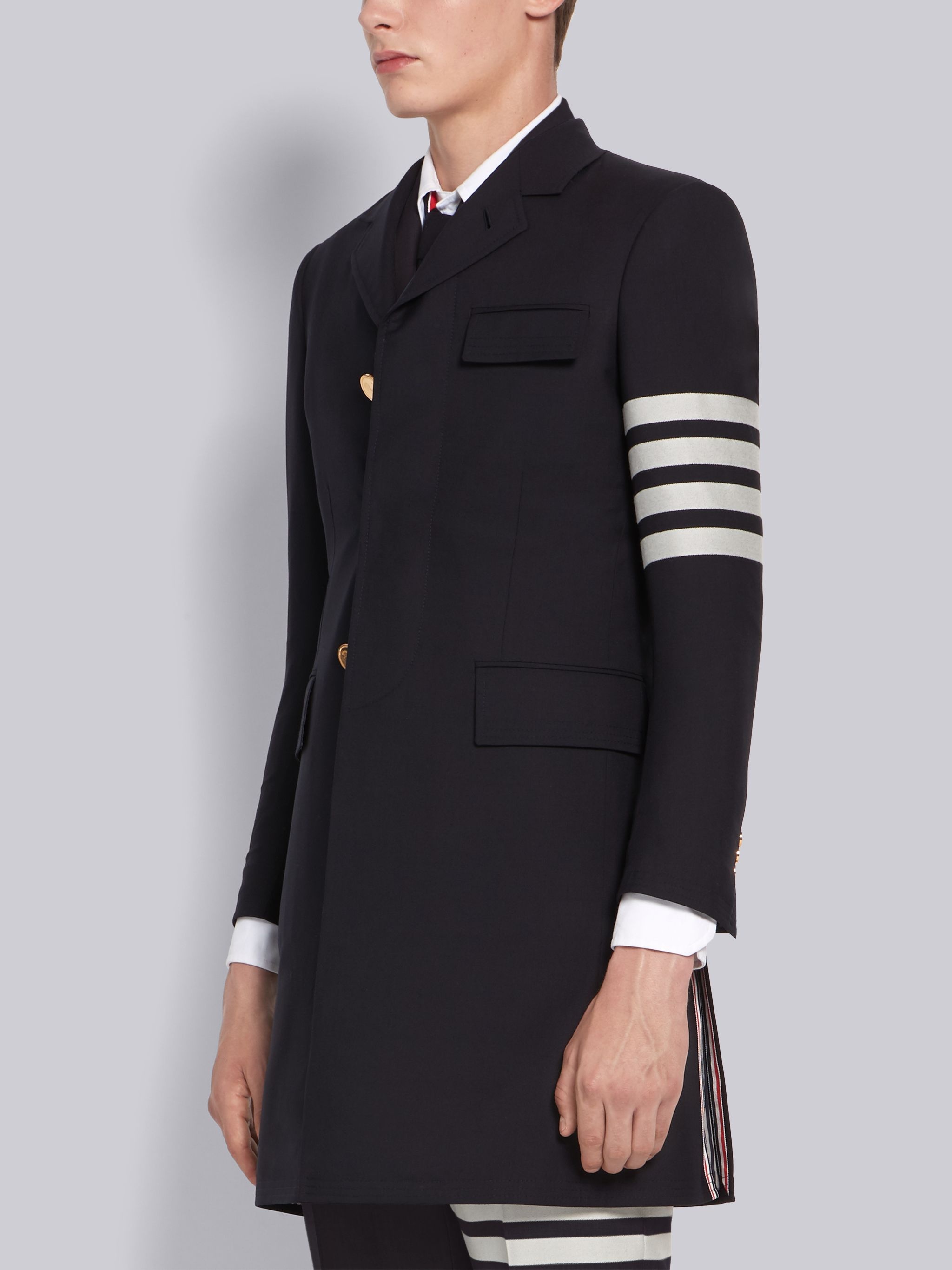 Navy Wool 4-Bar High Armhole Overcoat - 2
