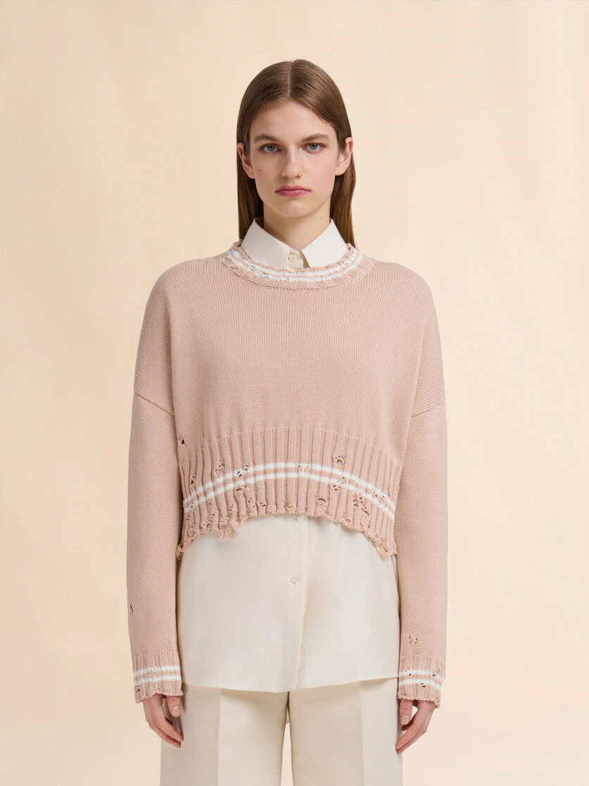 BEIGE DISHEVELLED COTTON SWEATER - 2