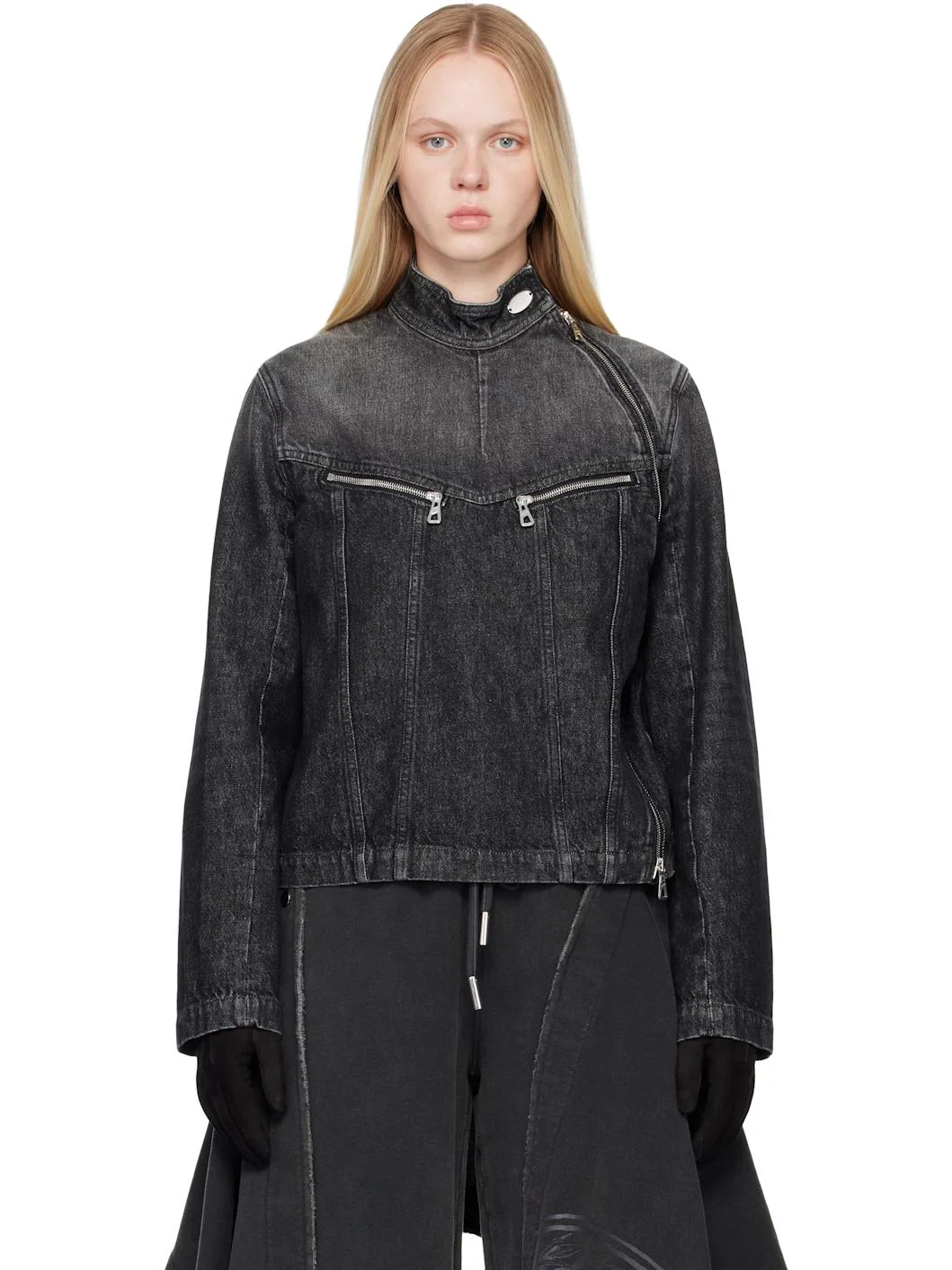 Black Detachable Glove Denim Jacket - 1