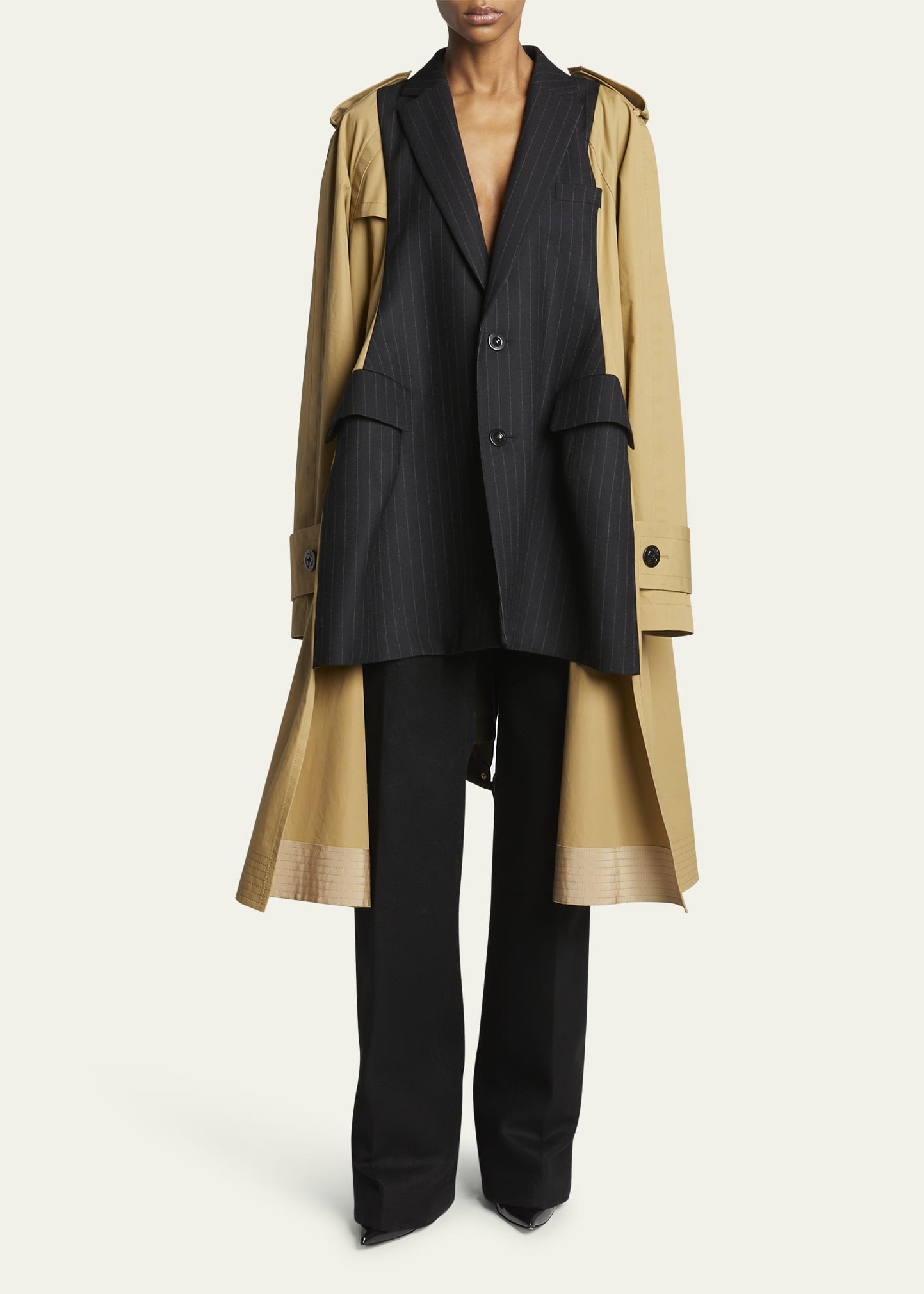 Pinstripe Blazer and Parka Detail Trench Coat - 2