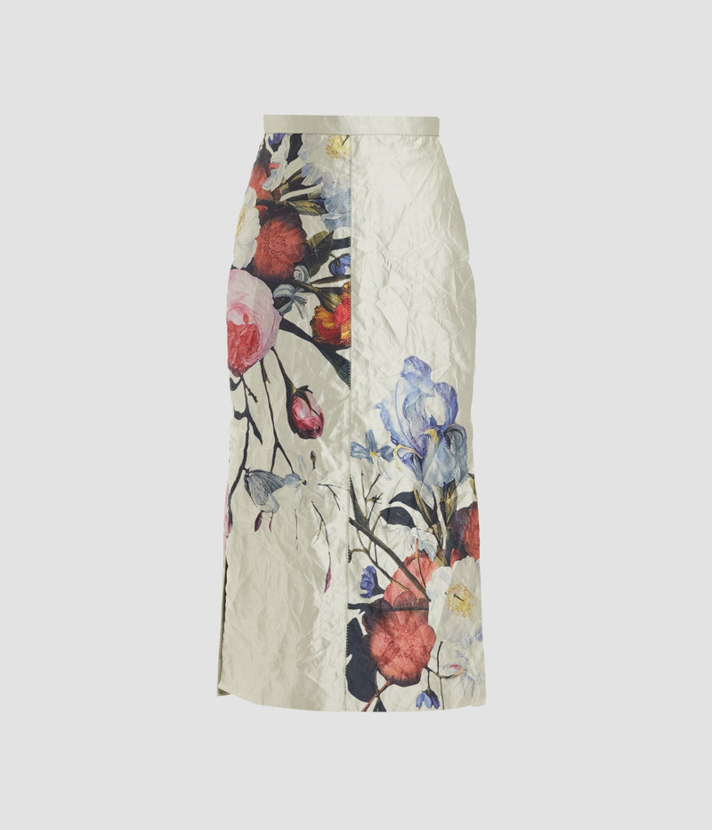 FLORAL PRINT TEXTURED SATIN PENCIL MIDI SKIRT 1
