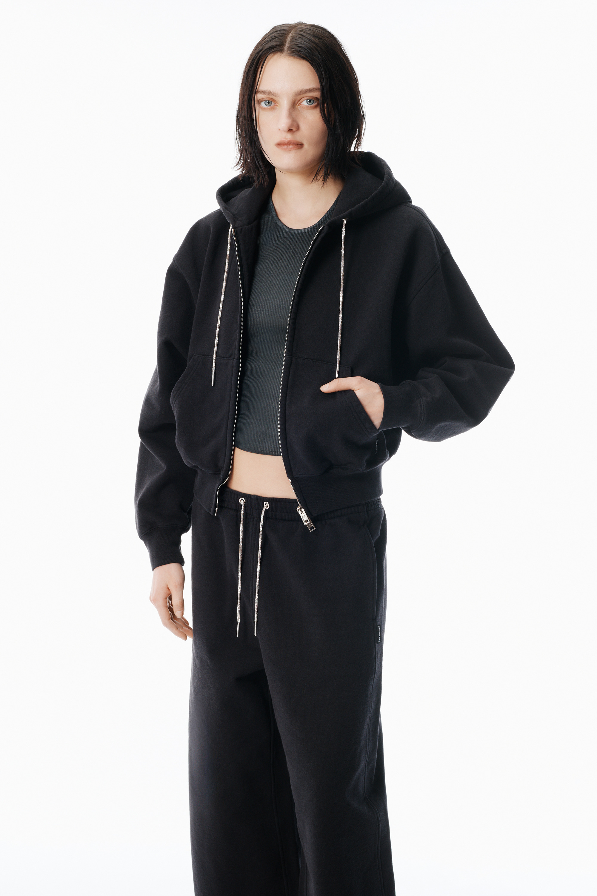 Black Cotton Terry Sweatpant with Crystal Hotfix Drawcord - 5
