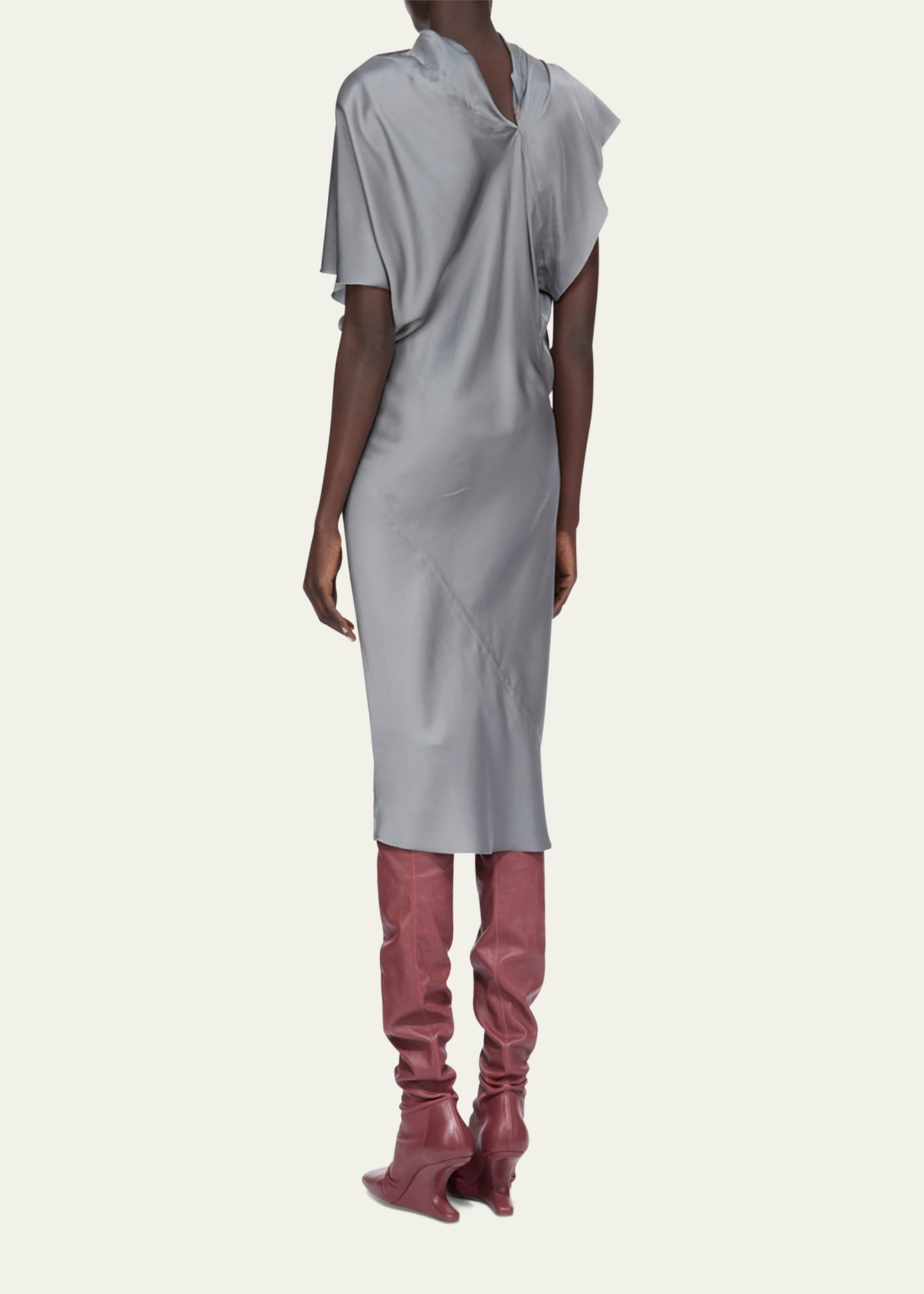 Short-Sleeve Draped Satin Midi Dress - 3