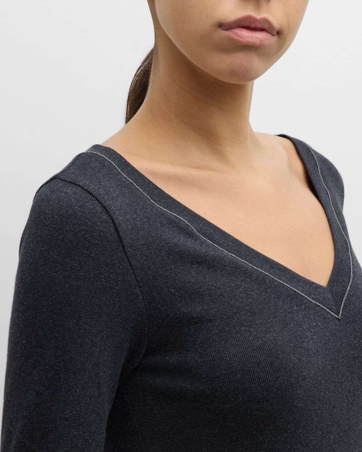 Ribbed Jersey V-Neck Top with Monili Edging - 5