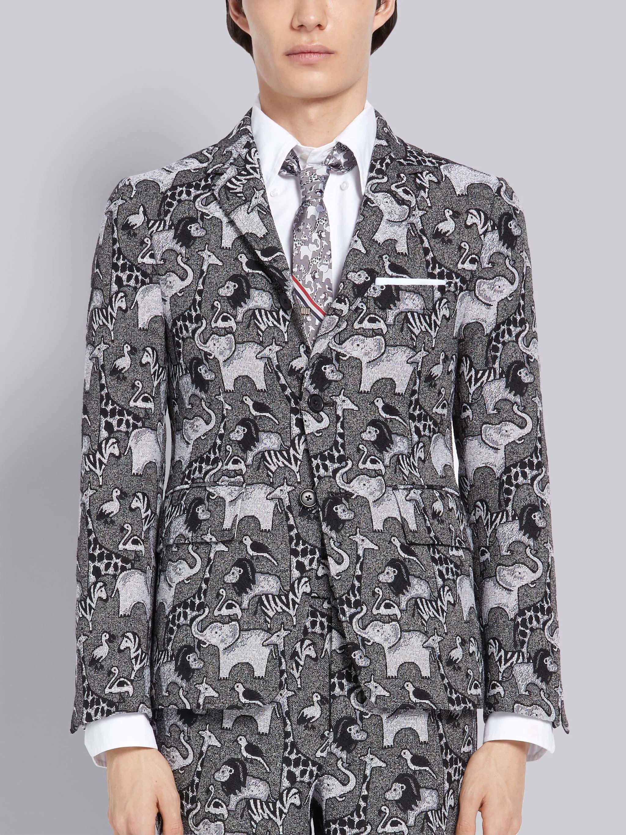 Medium Grey Animal Icon Tapestry Jacquard Classic Sport Coat - 1