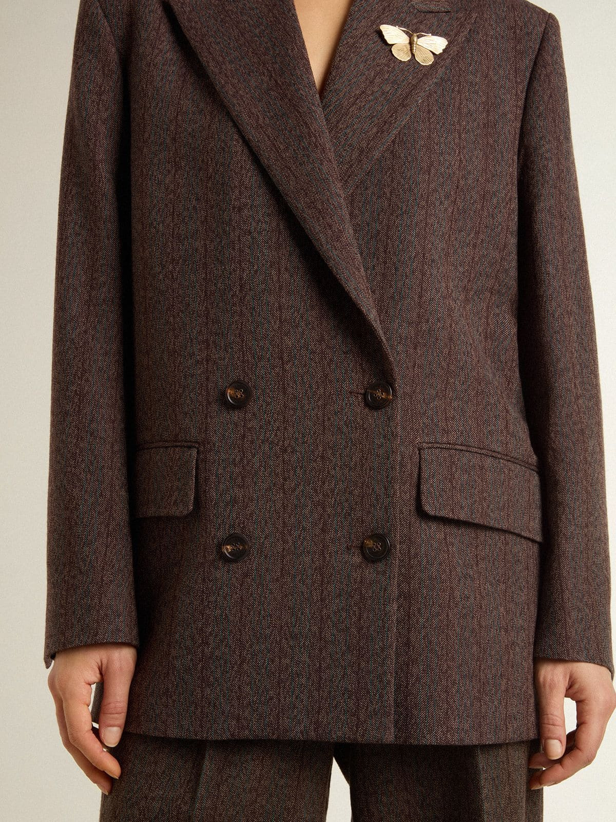 Women's double-breasted blazer in dark brown wool with thin stripe pattern - 5