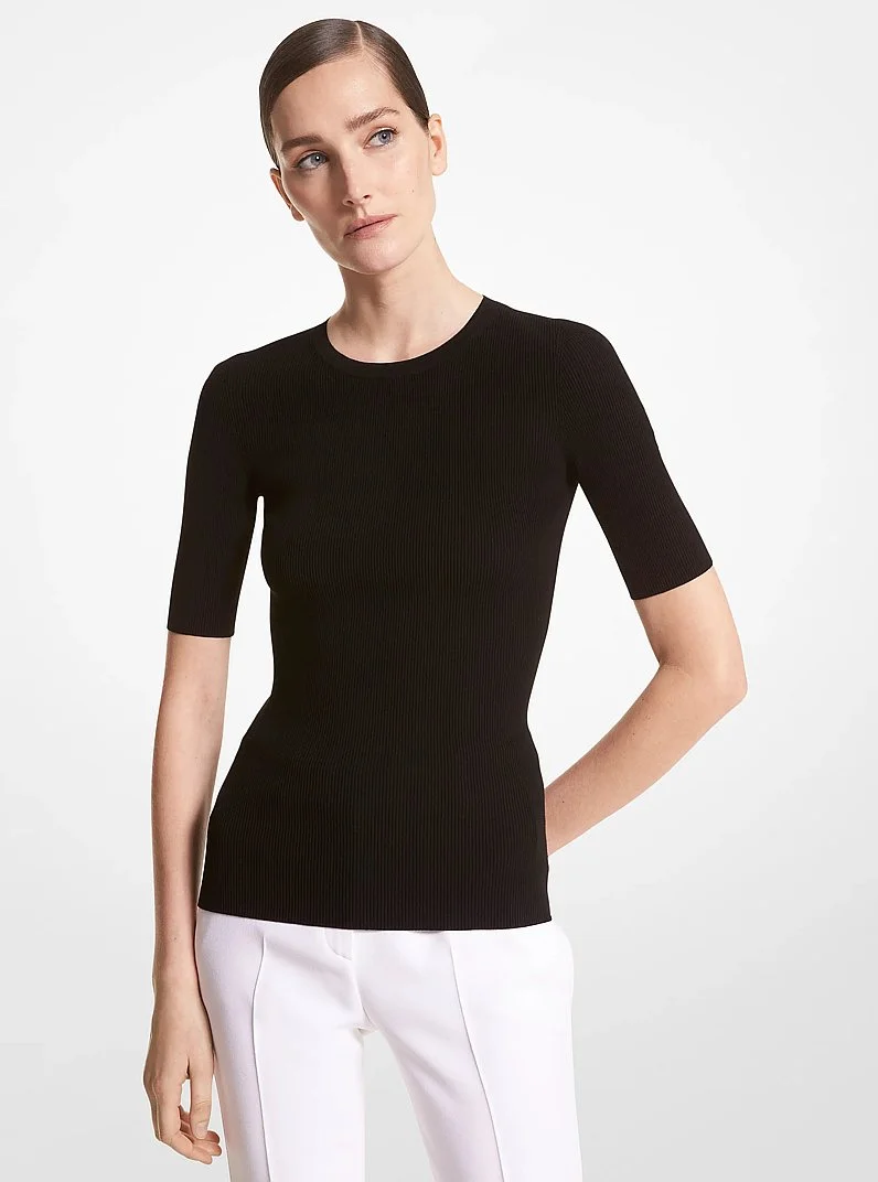 Ribbed Stretch Viscose T-Shirt - 1