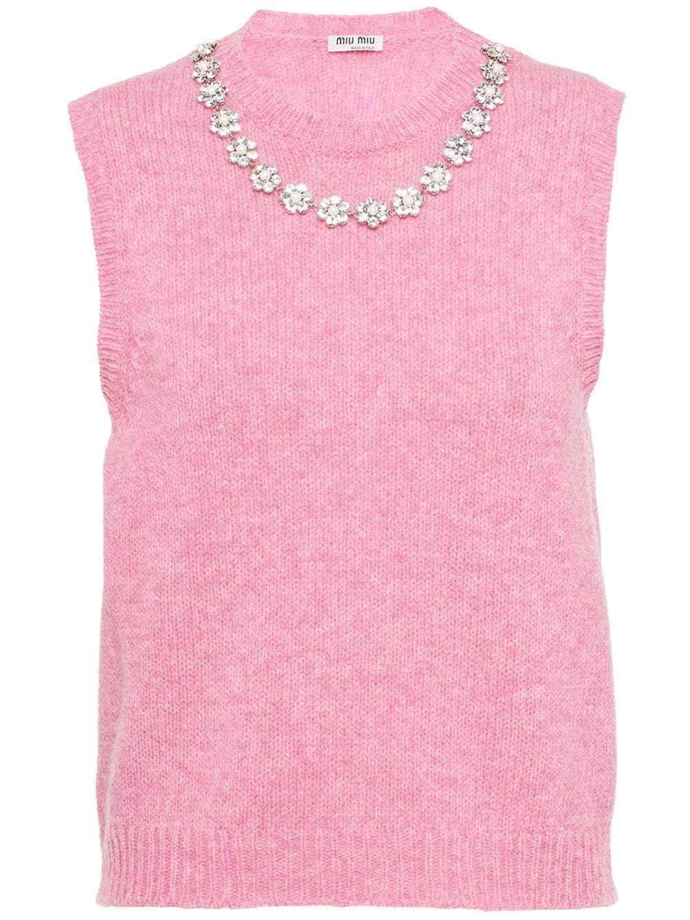 floral crystal trim knitted vest - 1