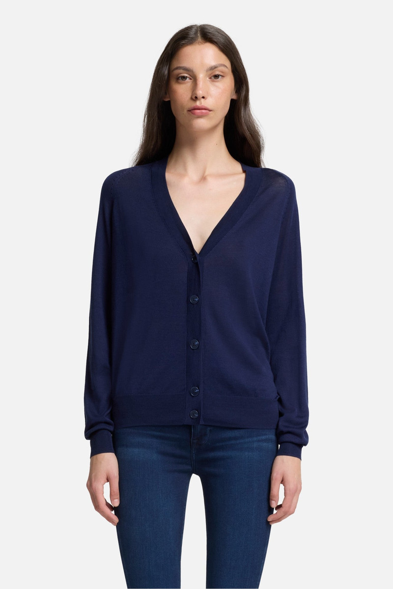 Silk Blend V-Neck Cardigan in Navy 3