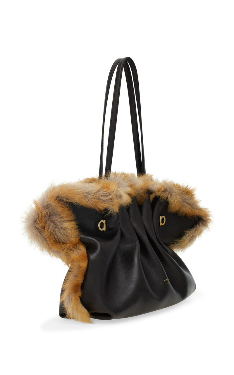 Soft Medium Shearling-Trimmed Leather Shoulder Bag black 3