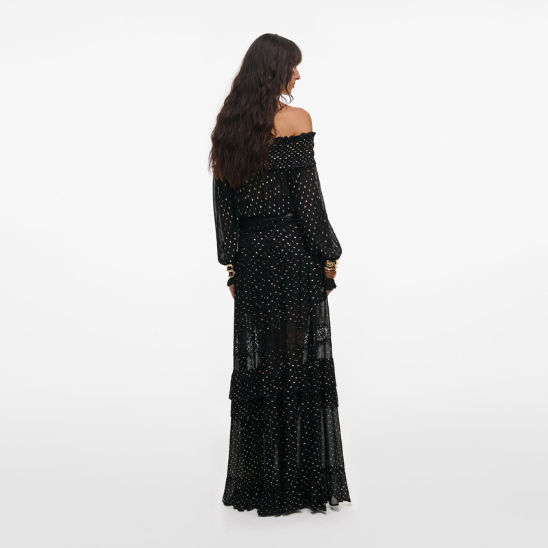 self-portrait Black And Gold Chiffon Lace Maxi Skirt outlook