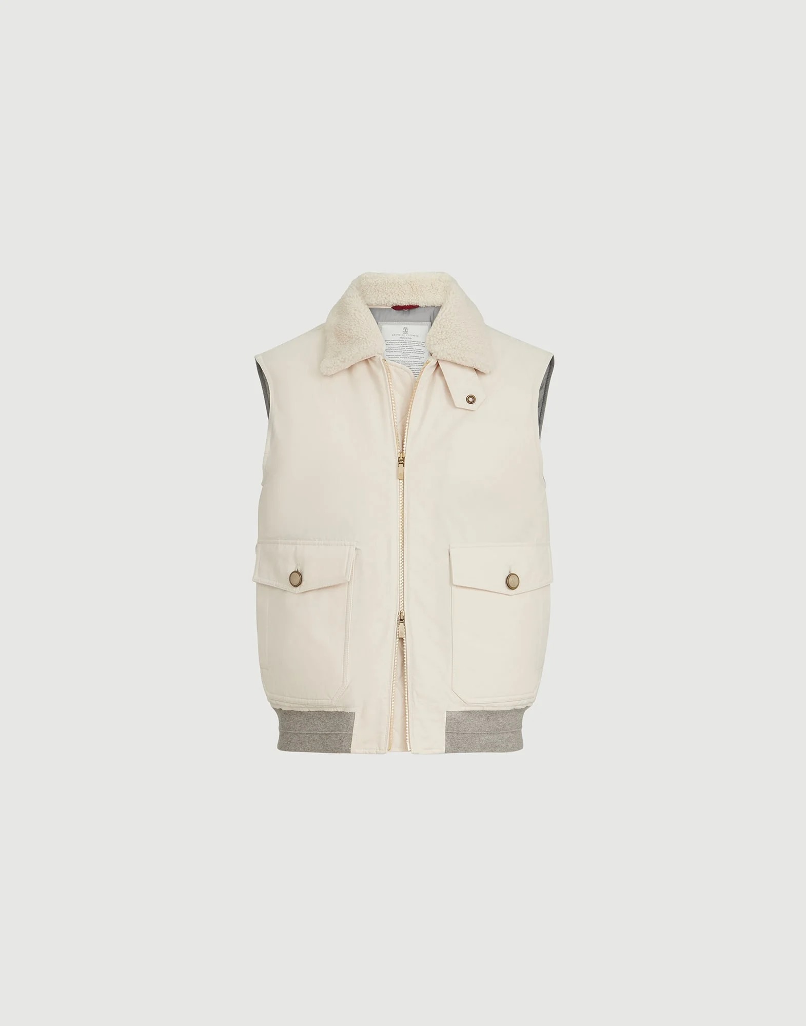 Waxed techno cotton down vest with detachable shearling collar - 1
