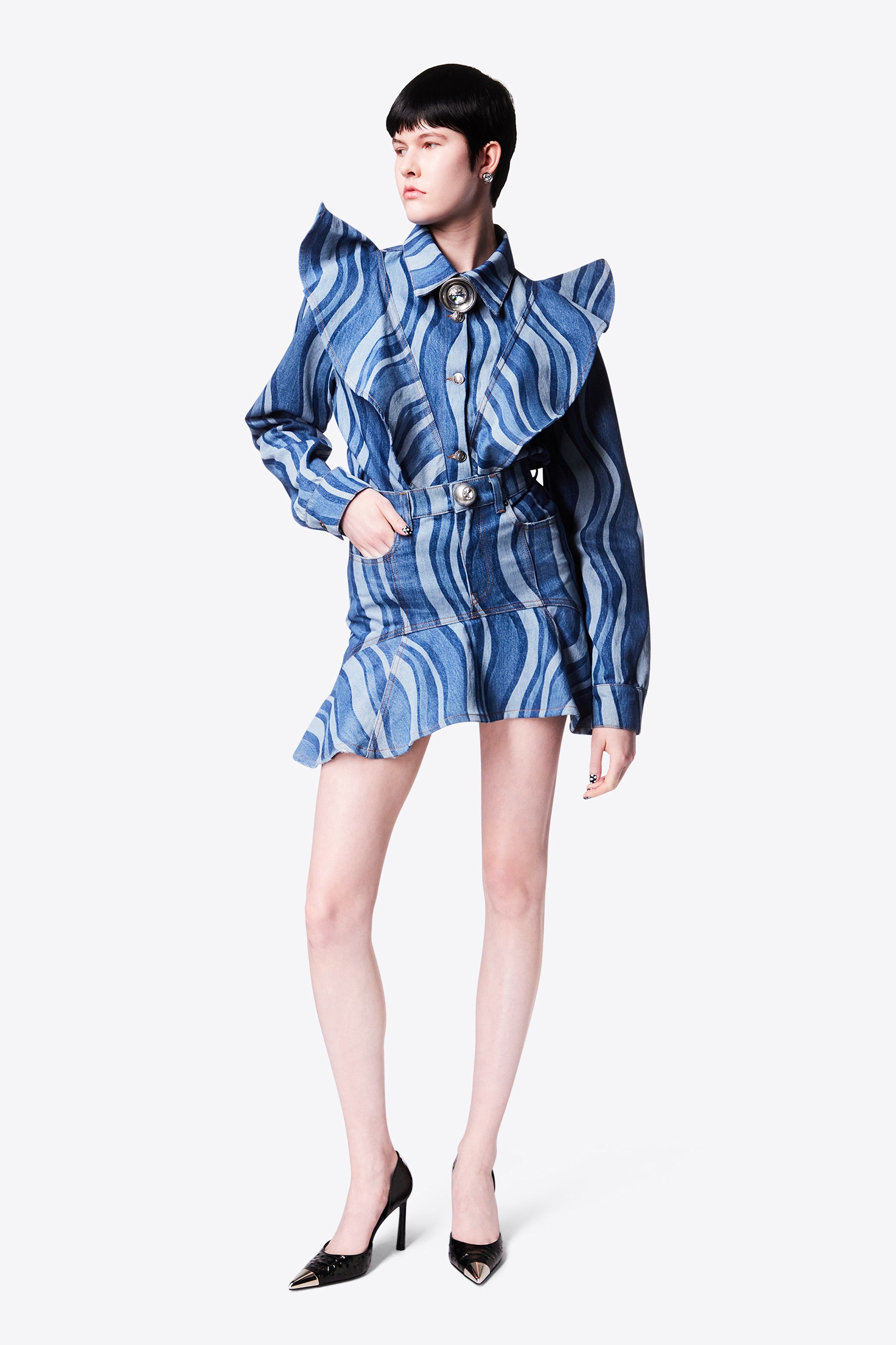 SUNRAY DENIM RUFFLE BIB SHIRT - 3